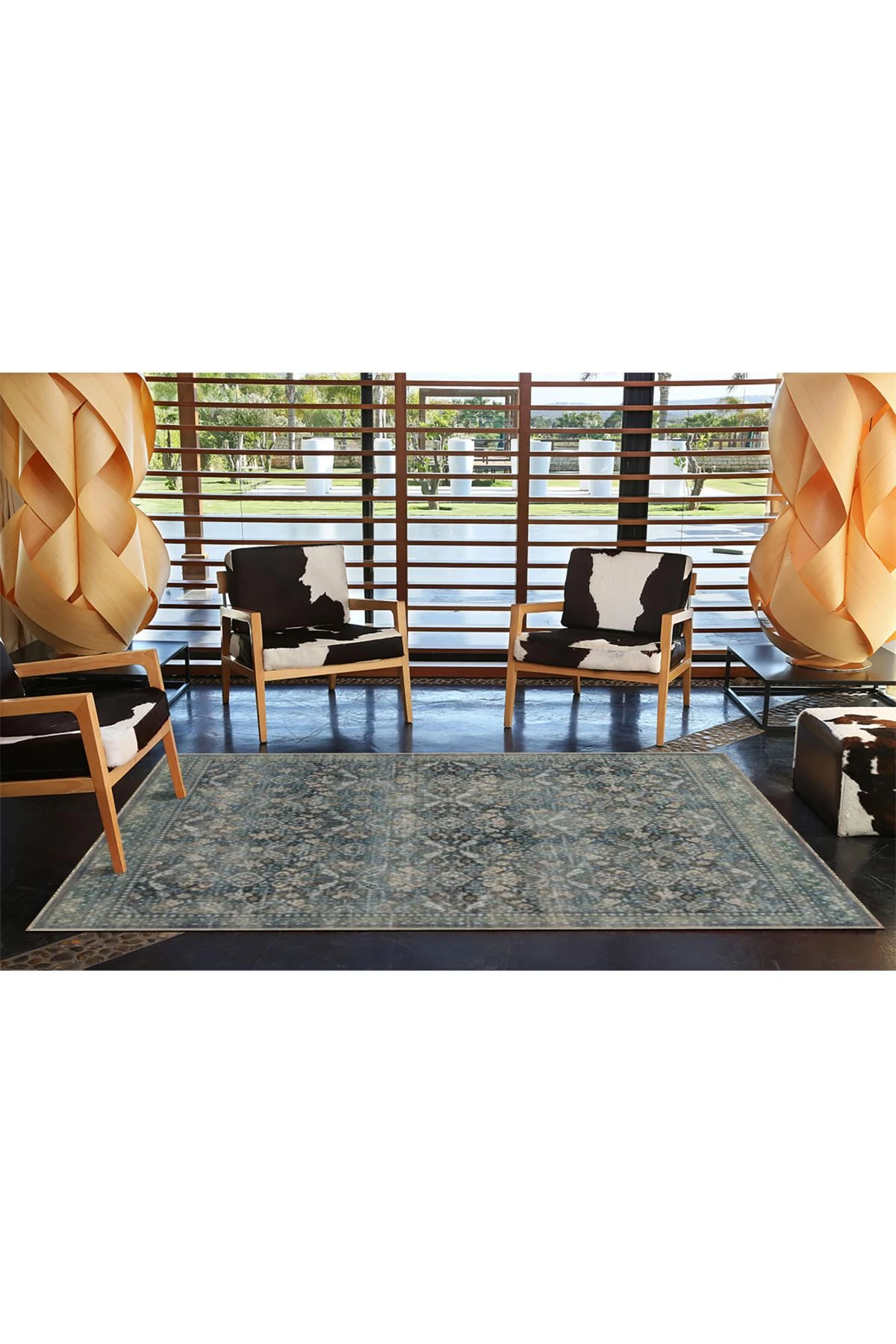 Düğüm Antrasit Geleneksel Geometrik Desenli Yıkanabilir Dokuma Taban Halı miravip8090