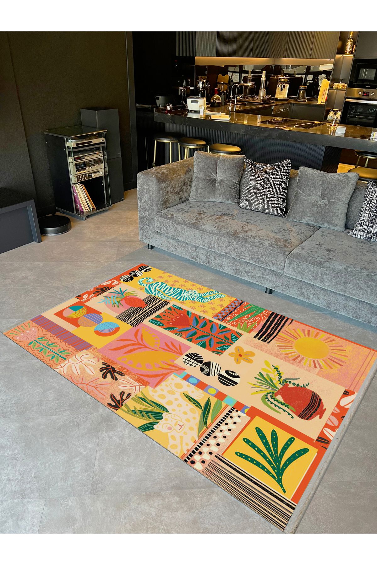 Özge Koleksiyonu Çok Renkli Kaplan Vazo Çiçek Desenli Dokuma Taban Modern Dekoratif Halı özge36