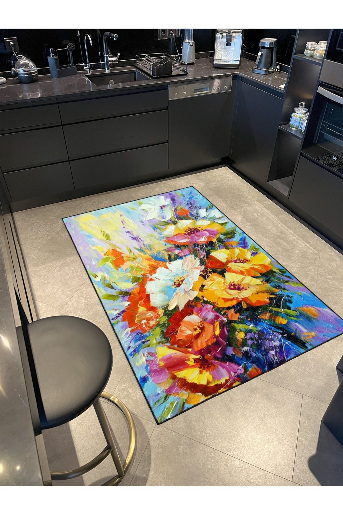 Floral Çiçek Kırmızı Renkli Manzaralı Dekoratif ve Dokuma Taban Yıkanabilir Halı miravip8822