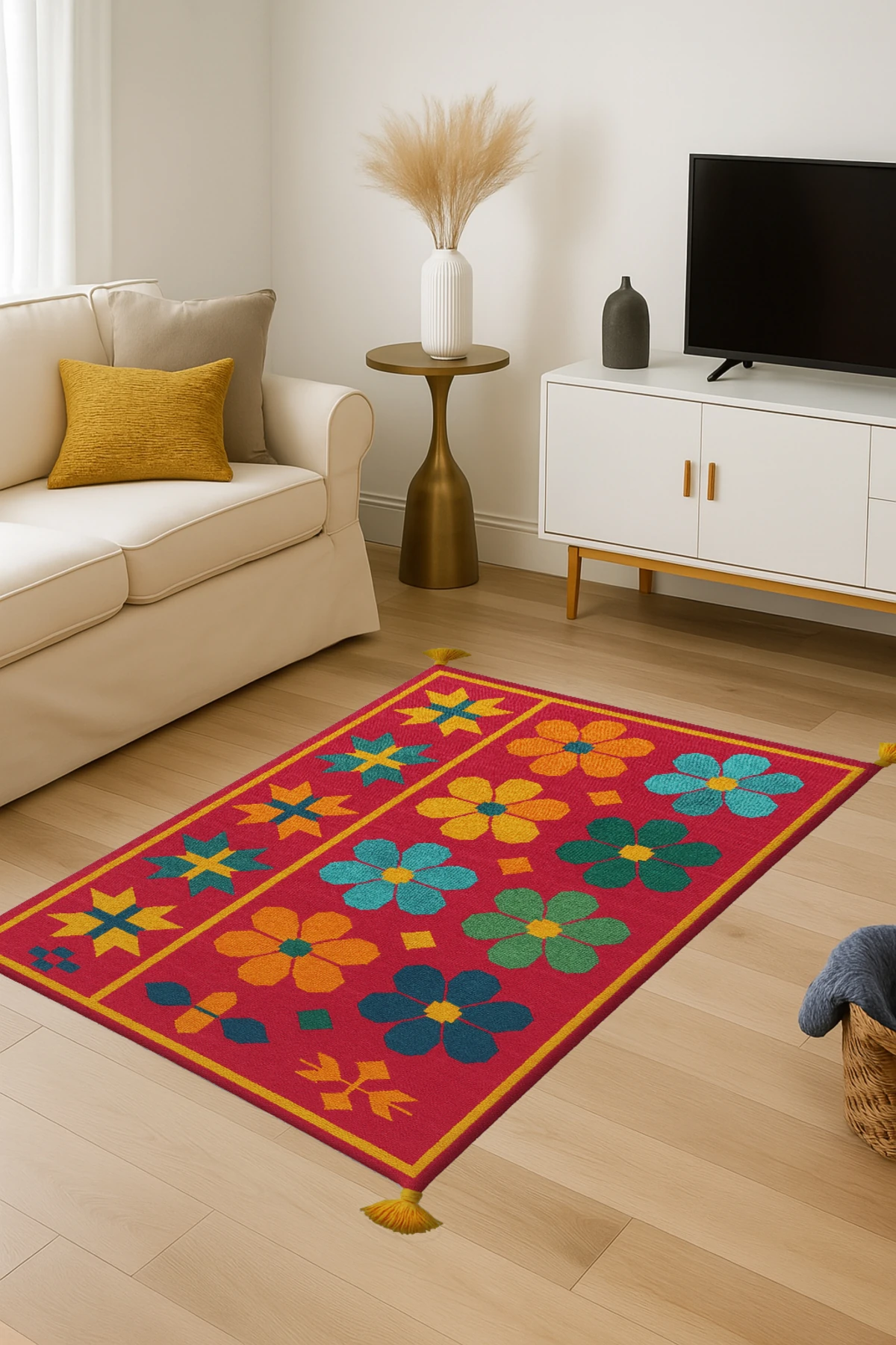 MOSSO Çiçekli Çok Renkli Desen Püsküllü Modern Dekoratif Halı mosso471