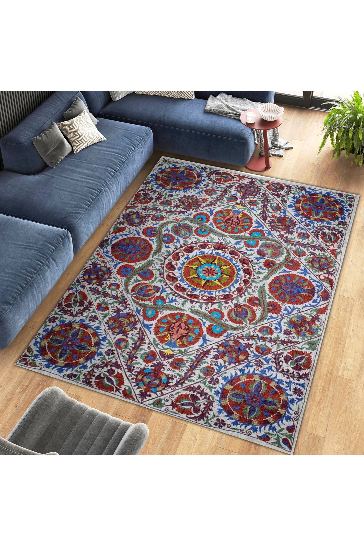 Mete Koleksiyonu Çok Renkli Floral Çiçek Motifleri Desenli Vintage Dekoratif Halı 39