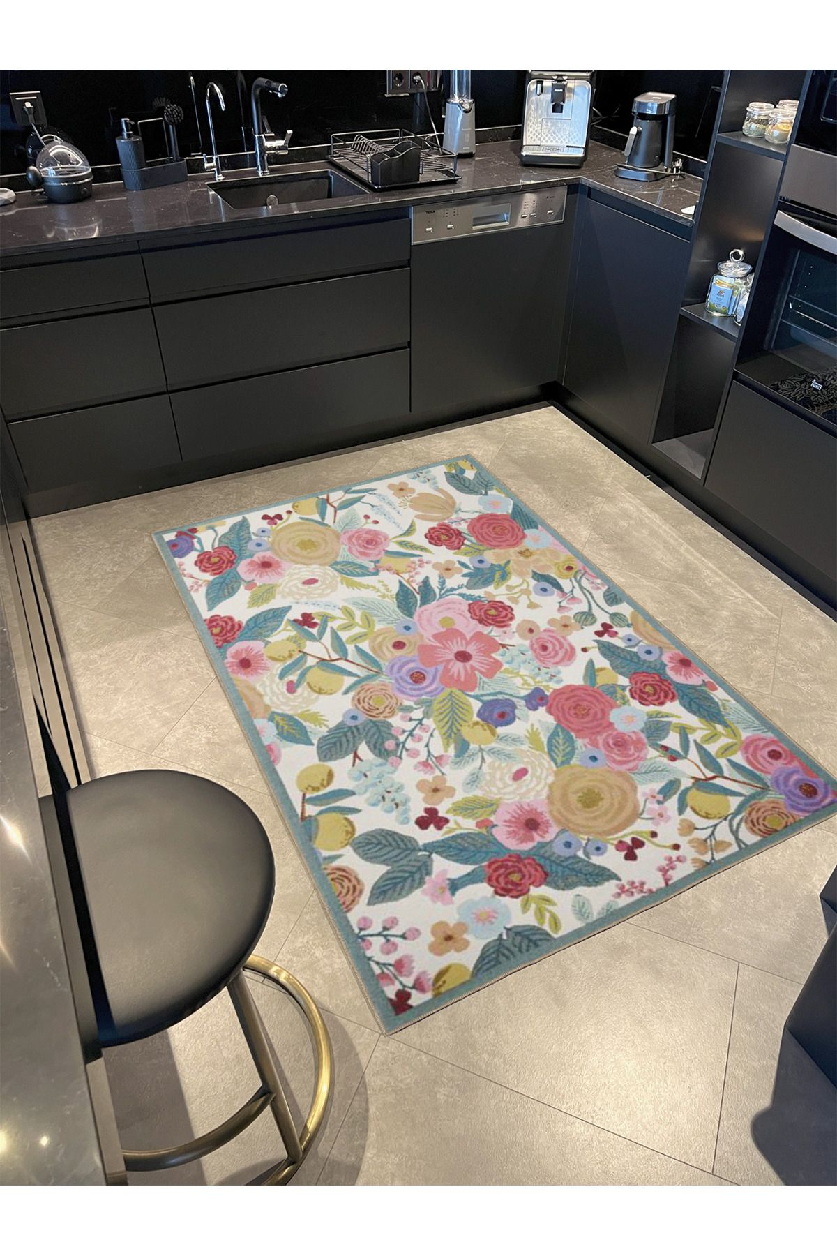 Krem Tonlu Karışık Renkli Çiçekli Modern Dekoratif Halı miravip264