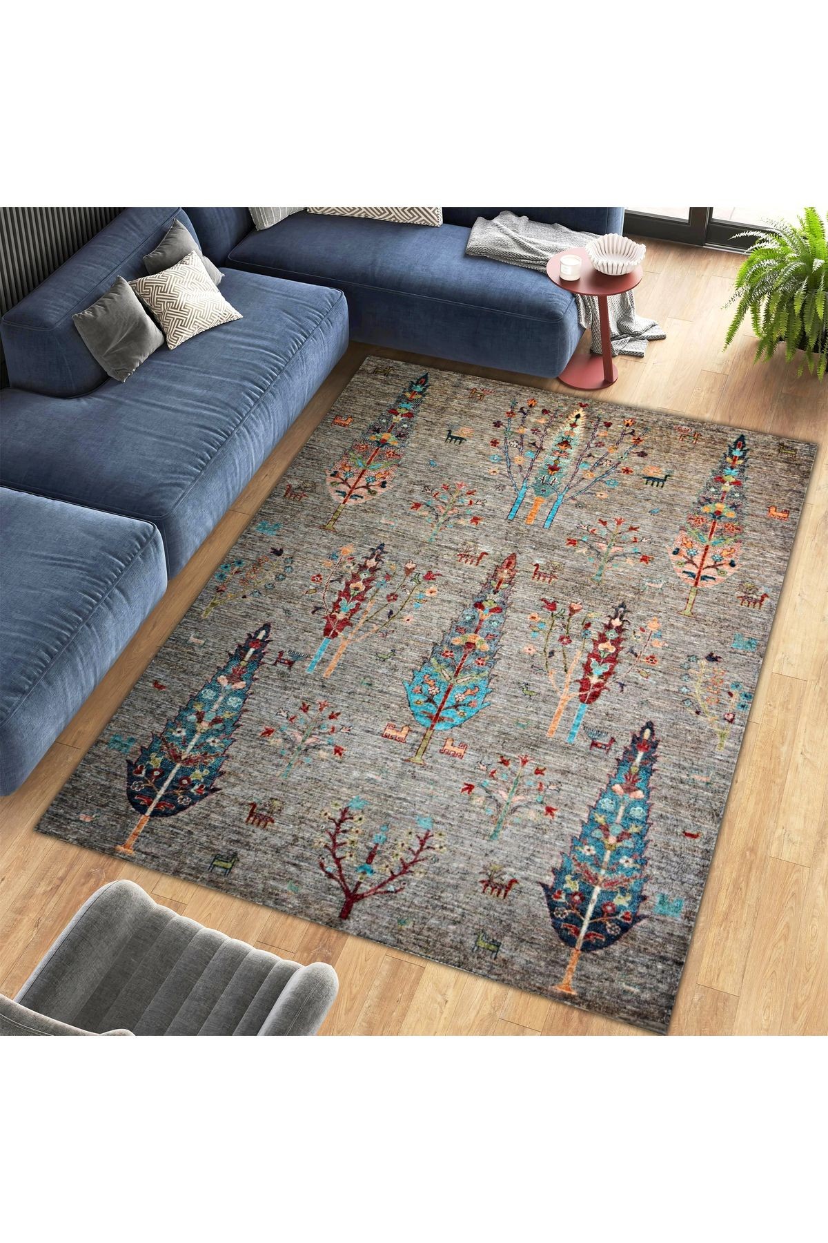 Mete Koleksiyonu Gri Temalı Çam Ağaçları Desenli Kreatif Modern Dekoratif Halı 30