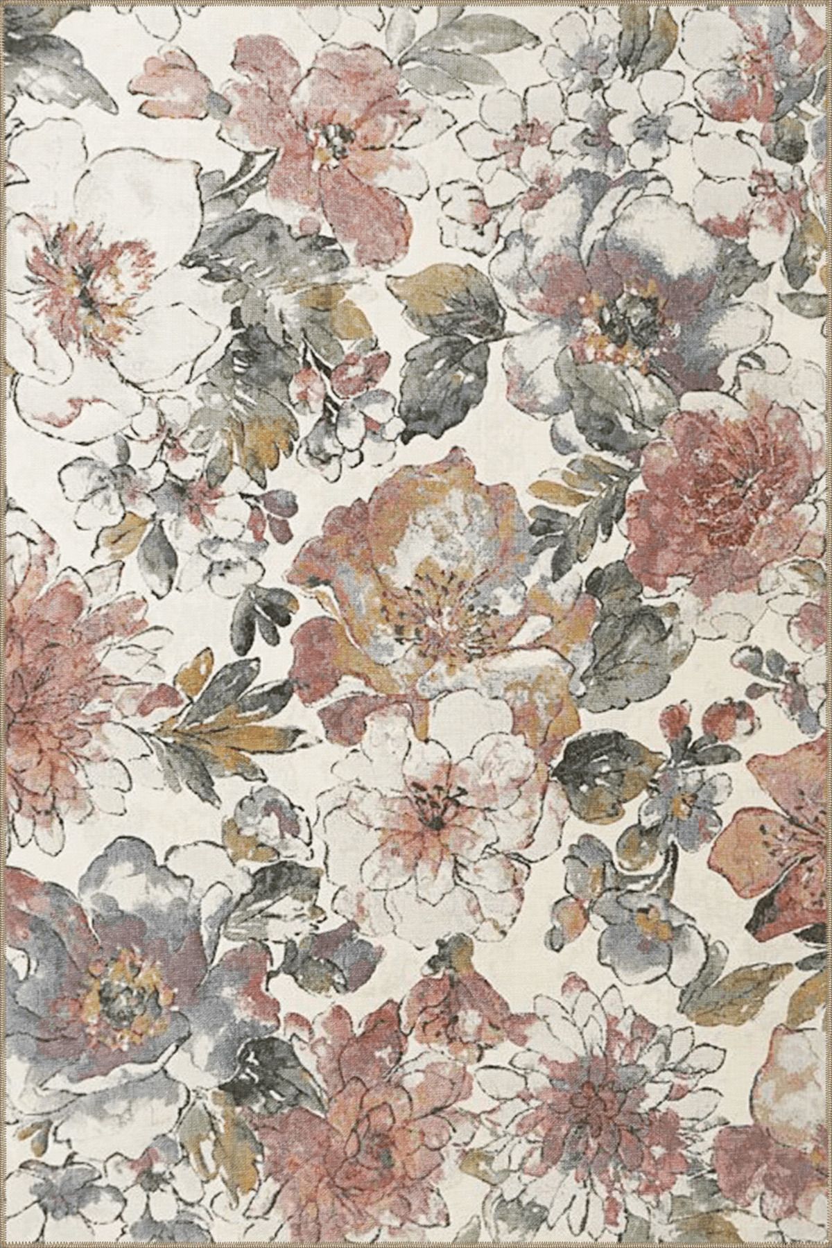 Pembe Bej Temalı Floral Çiçek Desenli Kreatif Modern Dekoratif Halı 3901