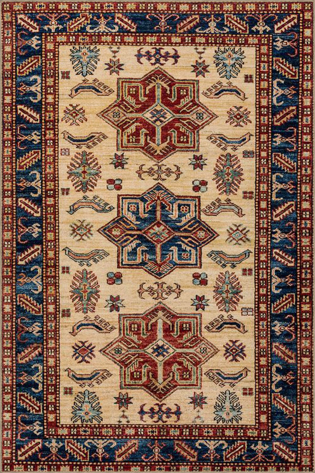 Mavi Krem Yıldızlı Geleneksel Desenli Dokuma Taban Halı miravip126