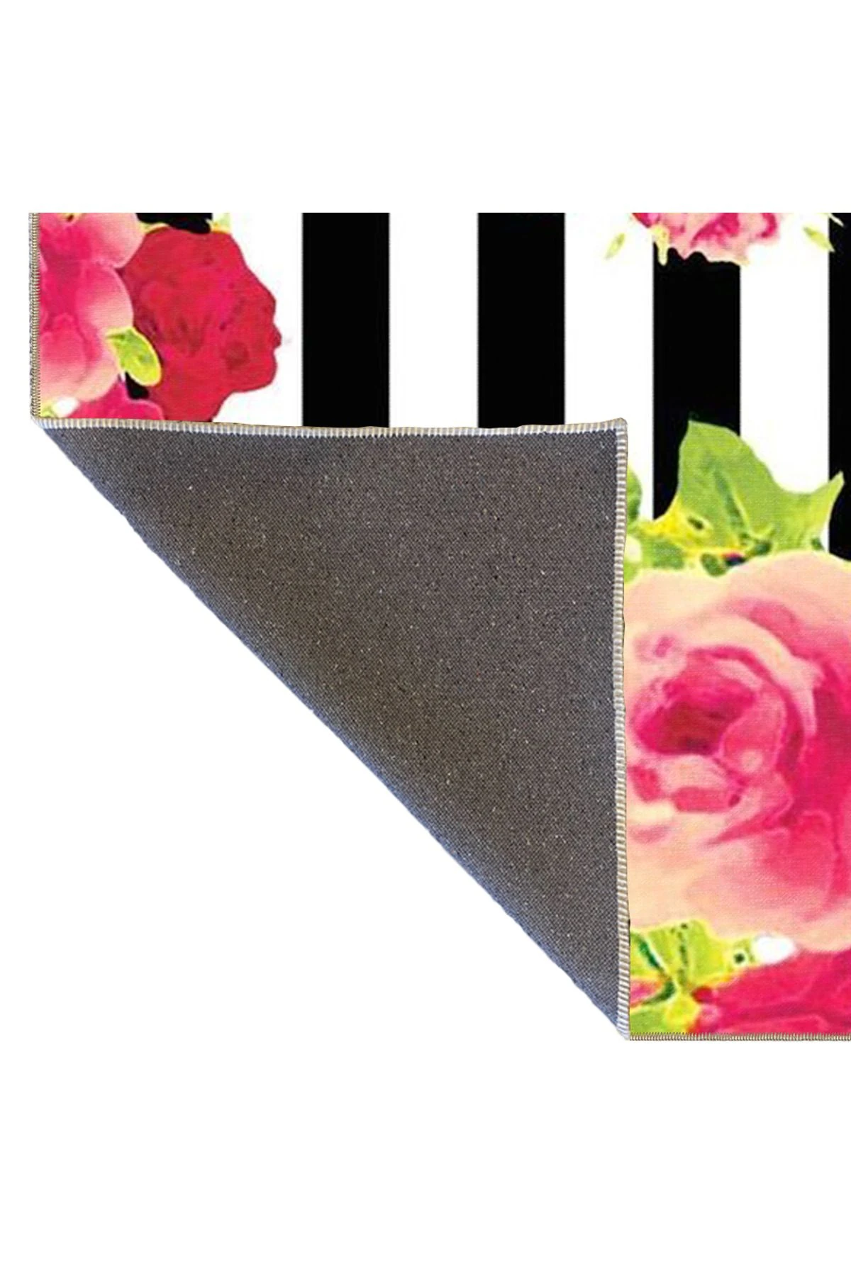 Siyah Beyaz Çiçekli Renkli Desenli Dokuma Taban Halı miravip1095