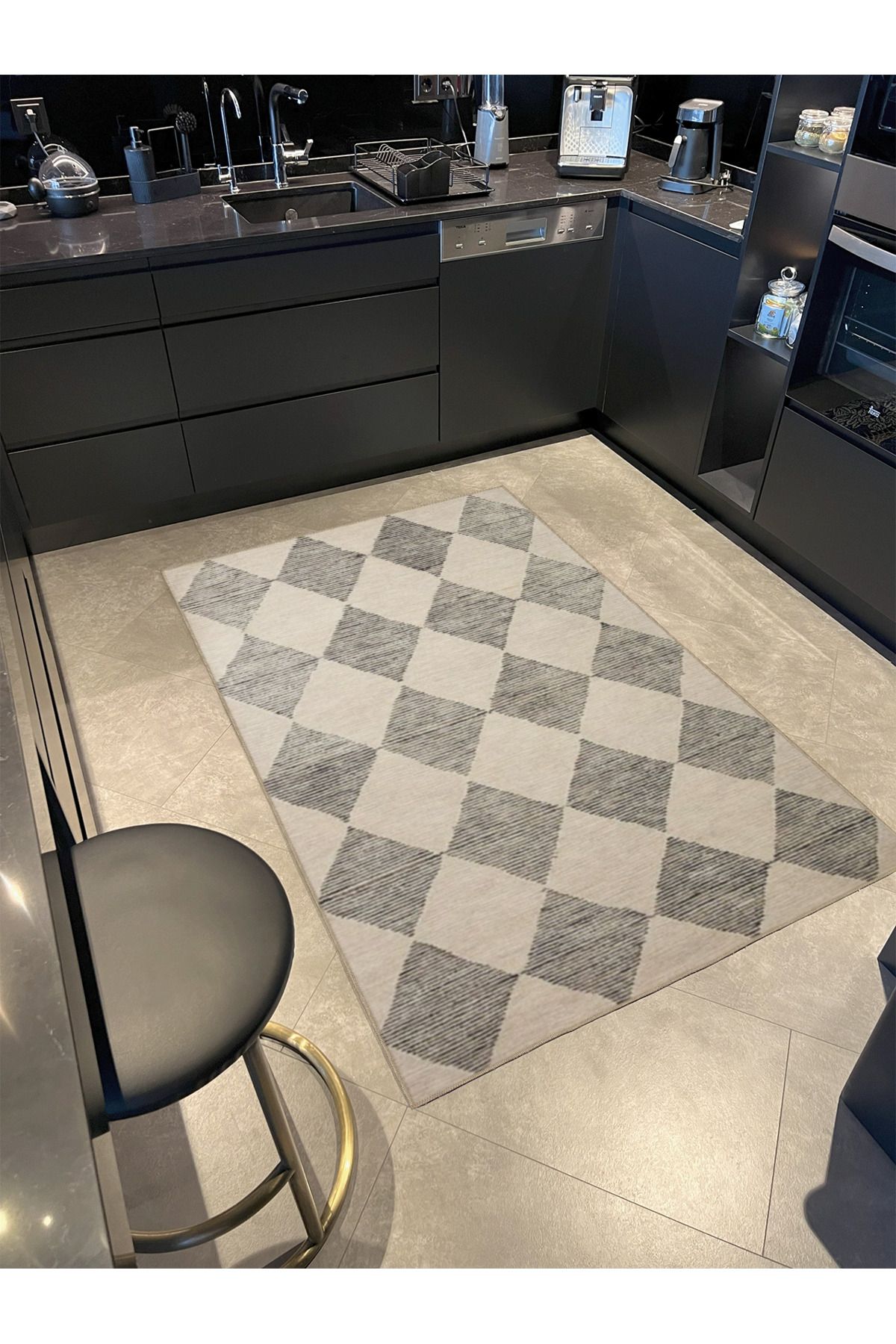 Gri Krem Baklavalı Geometrik Dokuma Taban Yıkanabilir Halı miravip9095