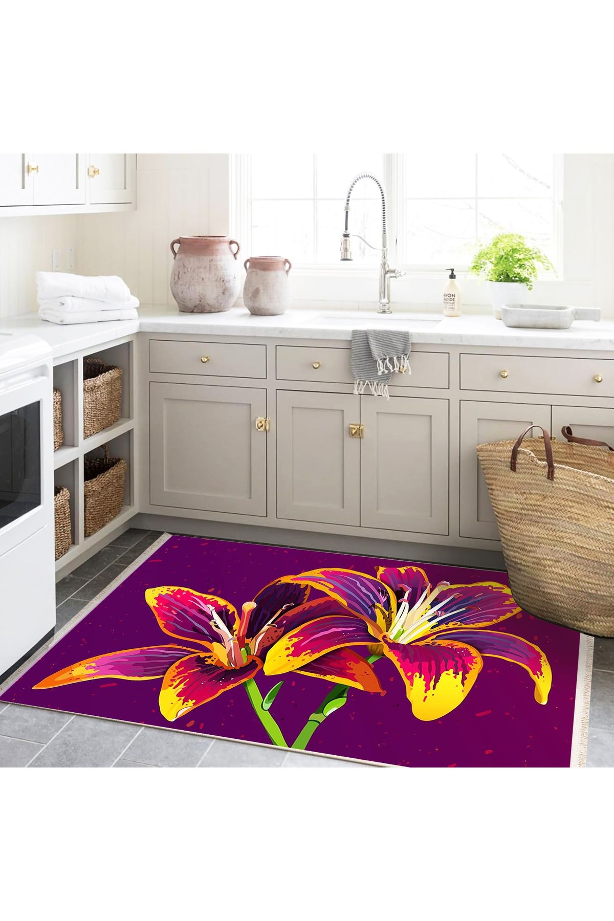 Yılmaz Koleksiyonu Mor ve Sarı Tonlarda Floral Zambak Desenli Modern Dekoratif Halı 13