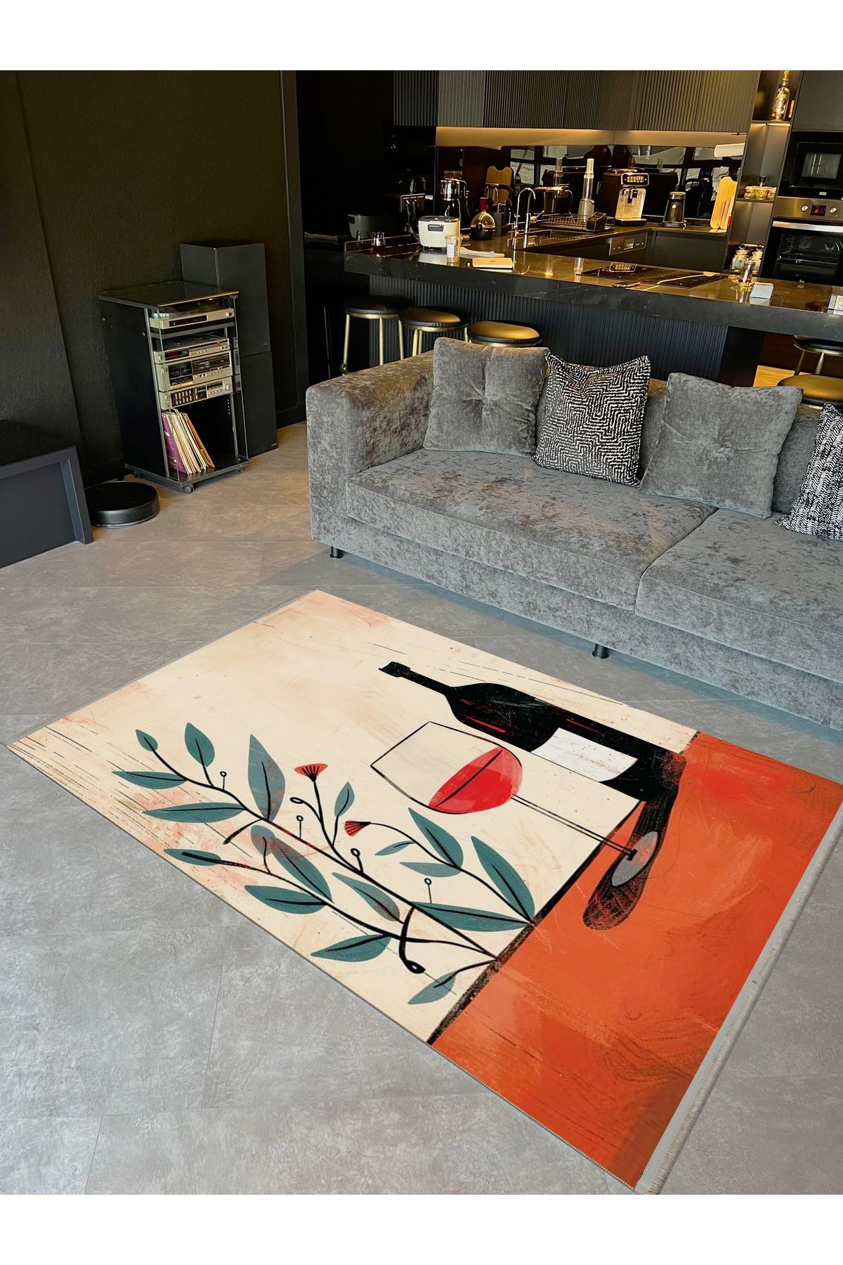 Asena Koleksiyonu Sanatsal Tasarım Soyut Şarap ve Kadeh Desenli Modern Dekoratif Halı 44