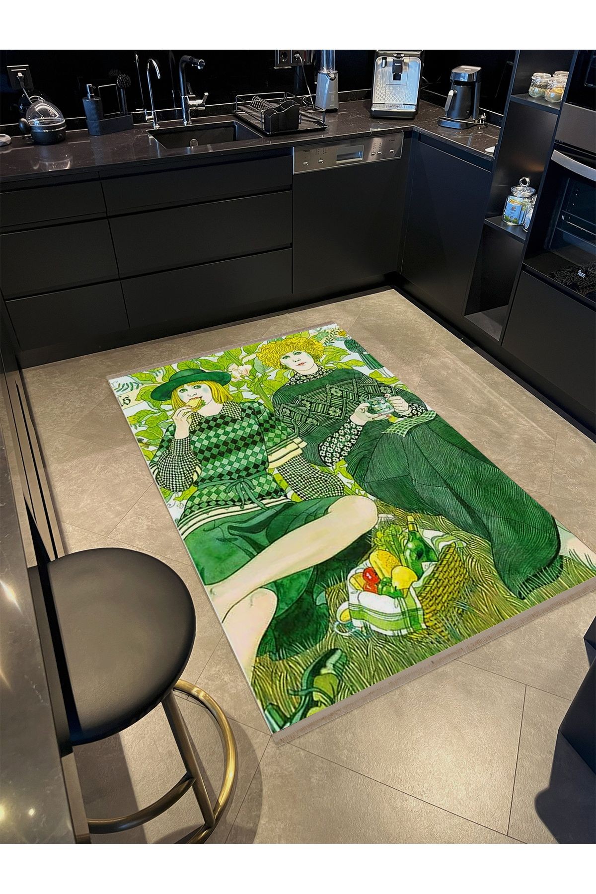 Aynur Koleksiyonu Yeşil Temalı  Kadınlar Desenli Modern Dekoratif Halı aynur12