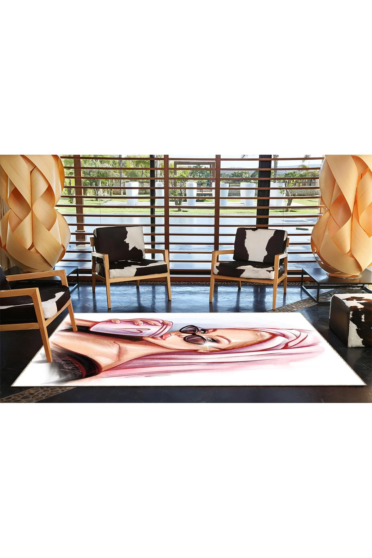 Kadın ve Sakız Pembe Desenli Modern Dekoratif Halı 3667