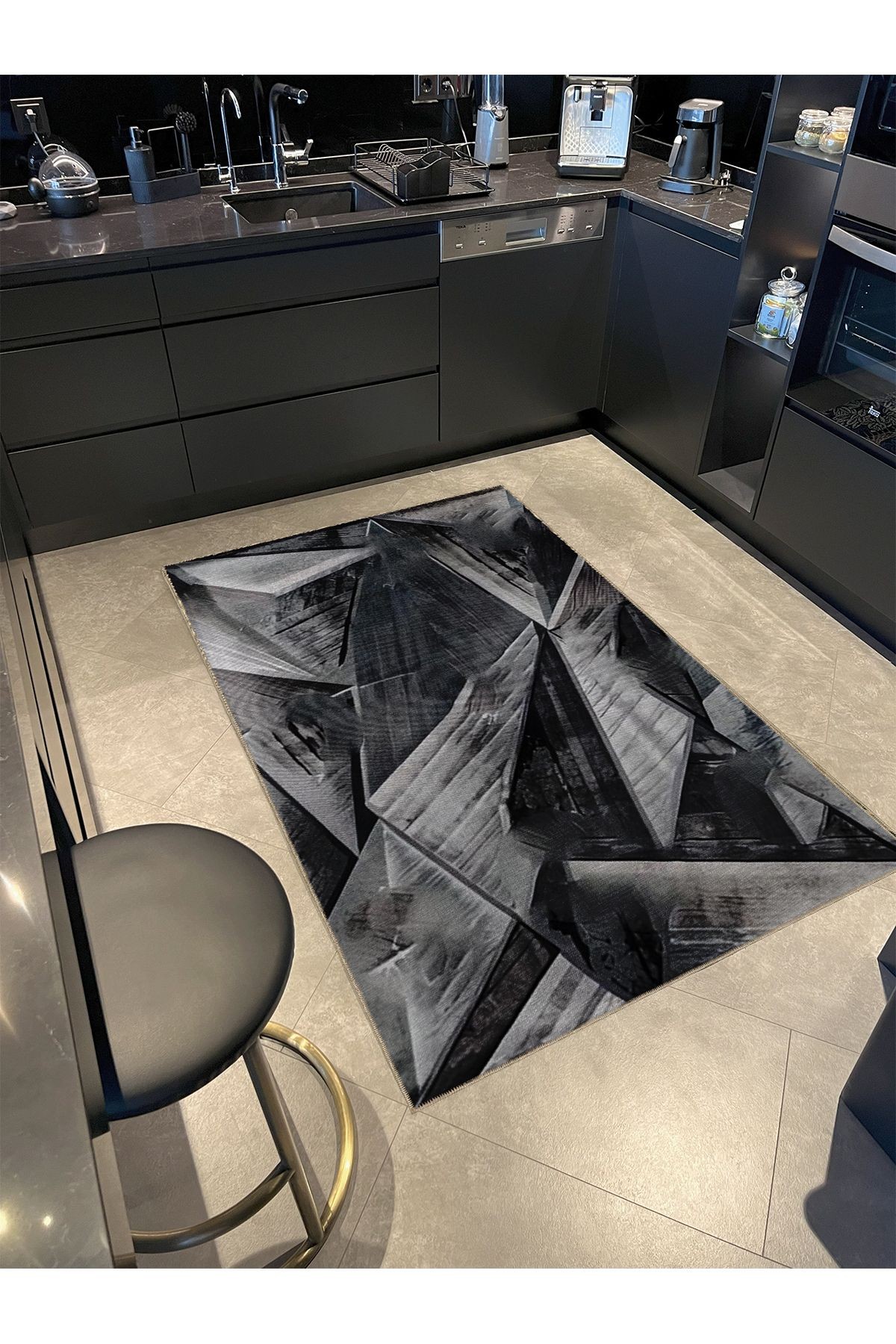 Siyah Gri Temalı Soyut Geometrik Desenli Kreatif Modern Dekoratif Halı 5284
