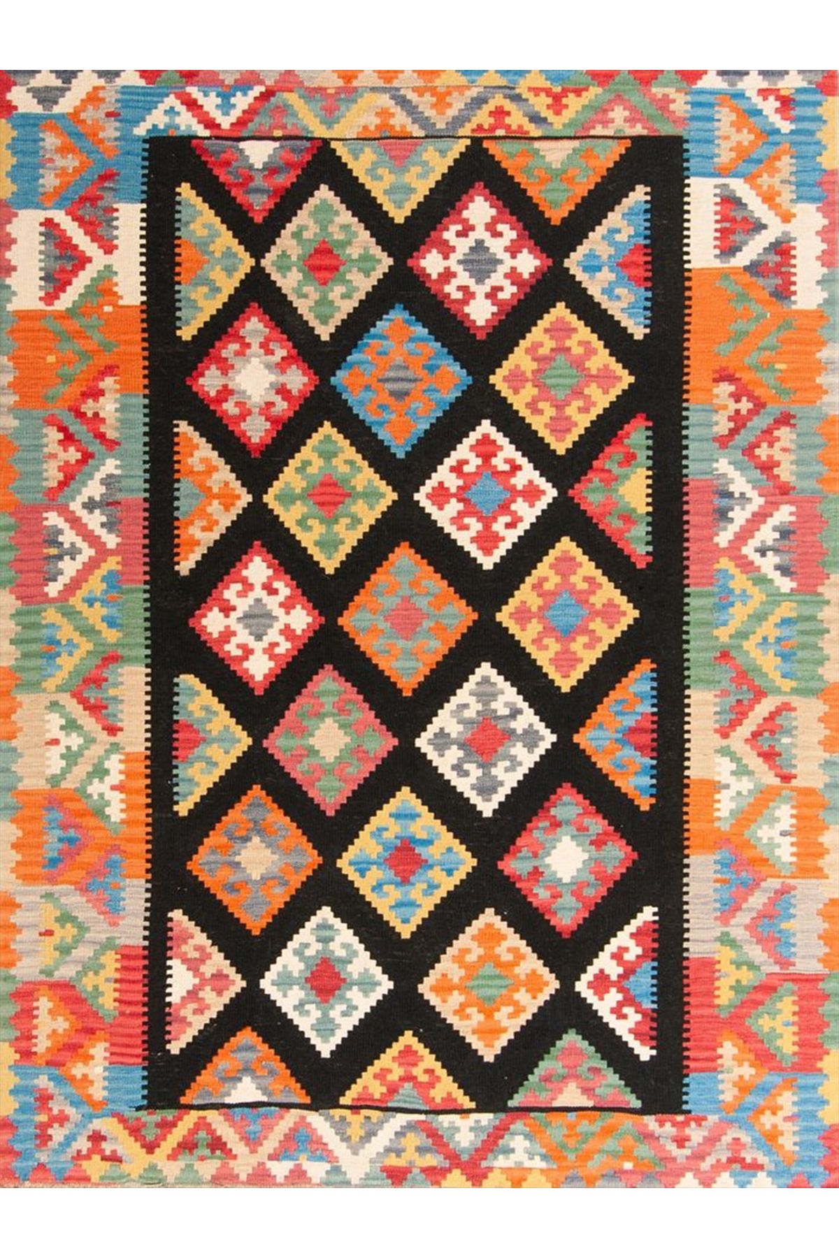 Aysu Koleksiyonu Çok Renkli Etnik Desenli Siyah Detaylı Dokuma Taban Modern Dekoratif Halı aysu12