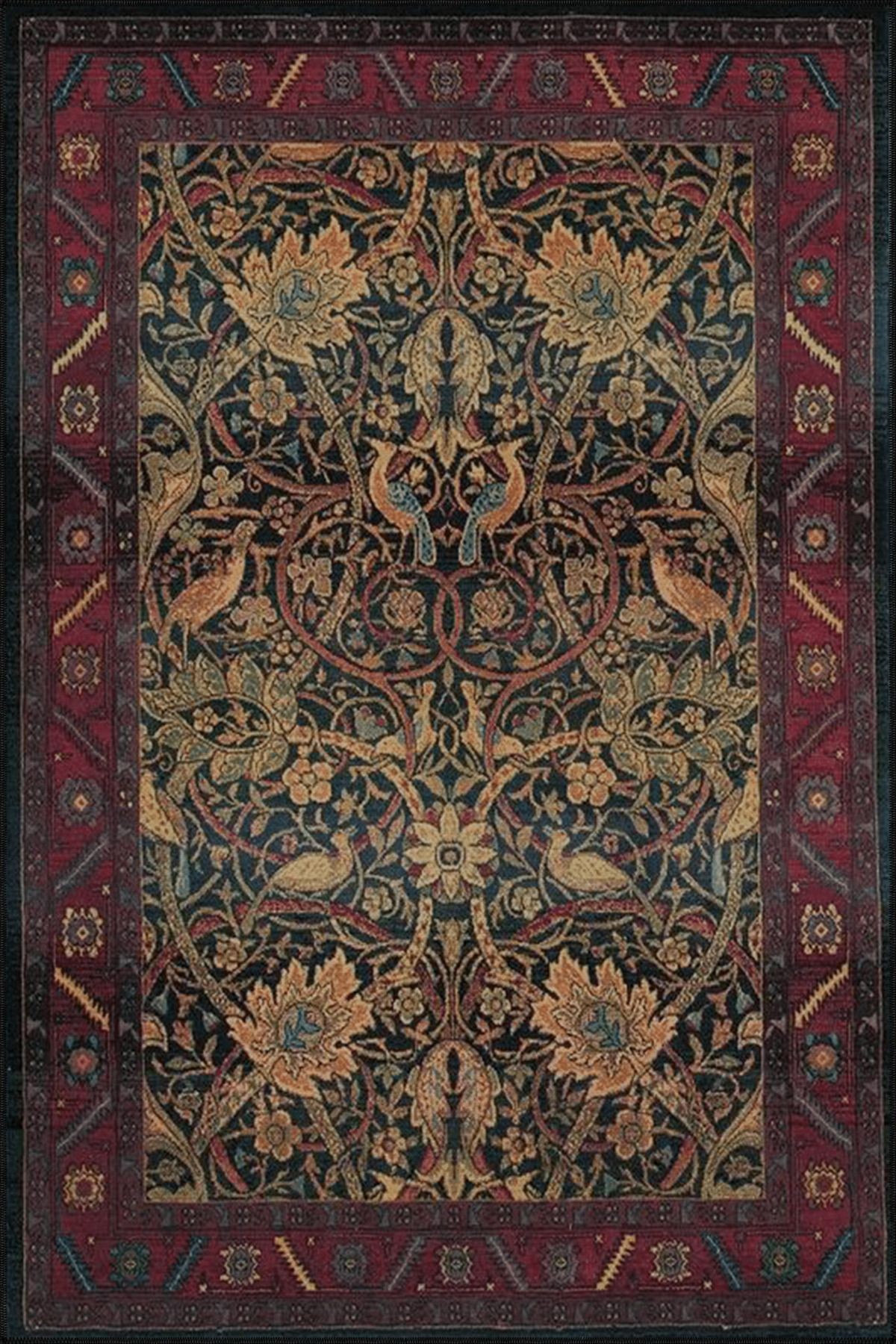 Bordo Bej Temalı Geleneksel Motif Sarmaşık Çiçek Desenli Saçaklı Vintage Dekoratif Halı 4513