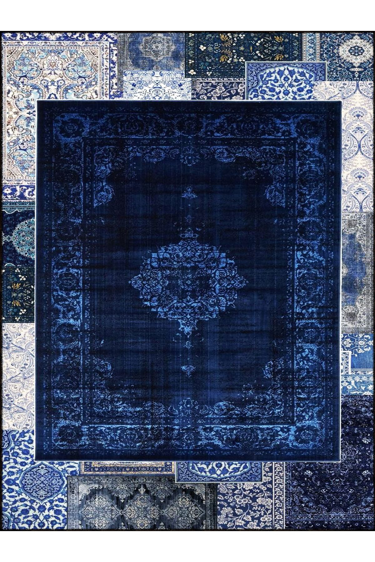 Kuvars Koleksiyonu Lacivert Mavi Vintage Motifler Desenli Dokuma Taban Etnik Dekoratif Halı kuvars29