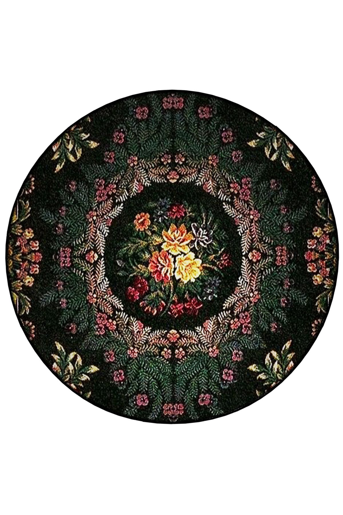 Koyu Yeşil ve Siyah Tema Çiçek ve Motif Desenli Yuvarlak Dokuma Taban Vintage Dekoratif Halı 6198