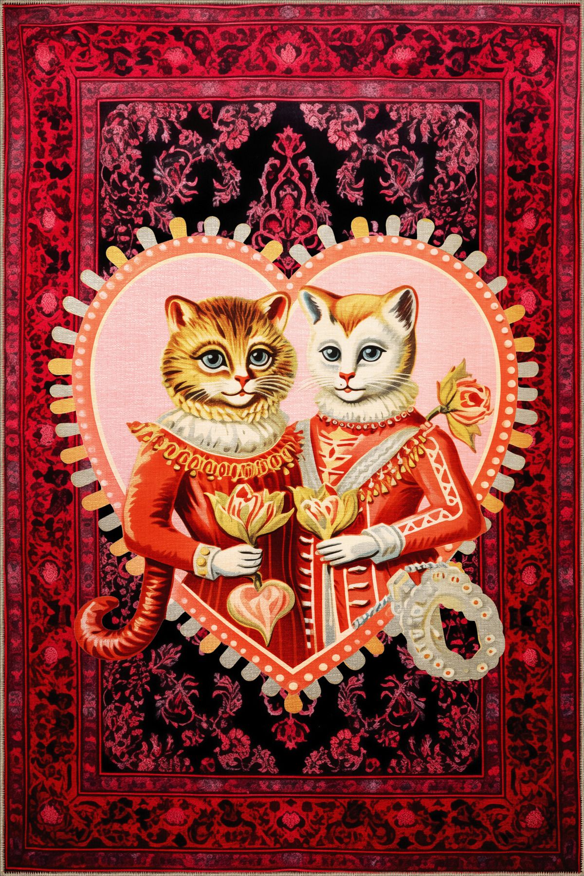 Dido 2 Koleksiyonu Kırmızı Pembe Temalı Motifli Asil Kedi Desenli Vintage Dekoratif Halı 3238