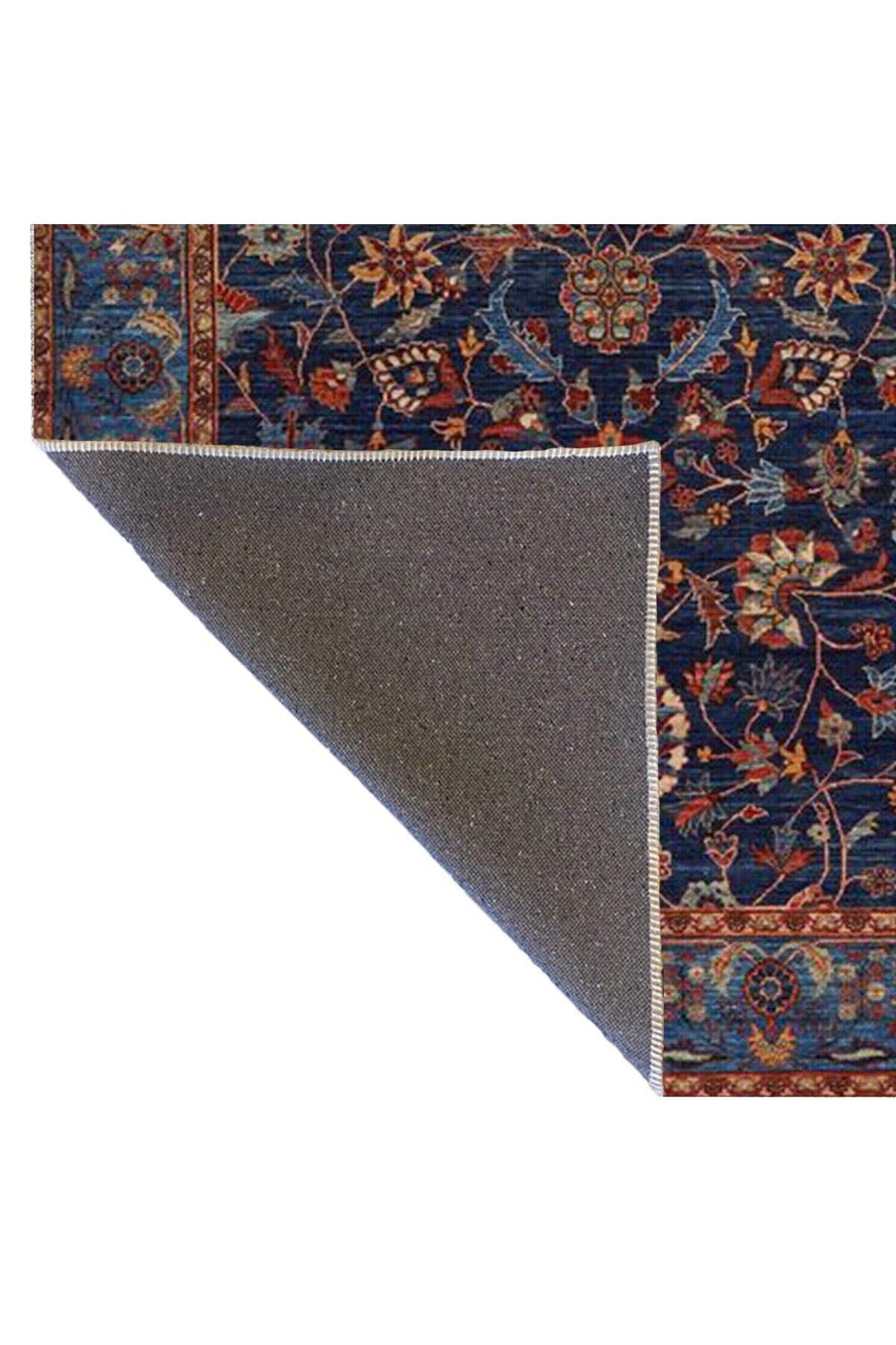 Lacivert Turuncu Temalı Geleneksel Motif Çiçek Desenli Vintage Dekoratif Halı 3817