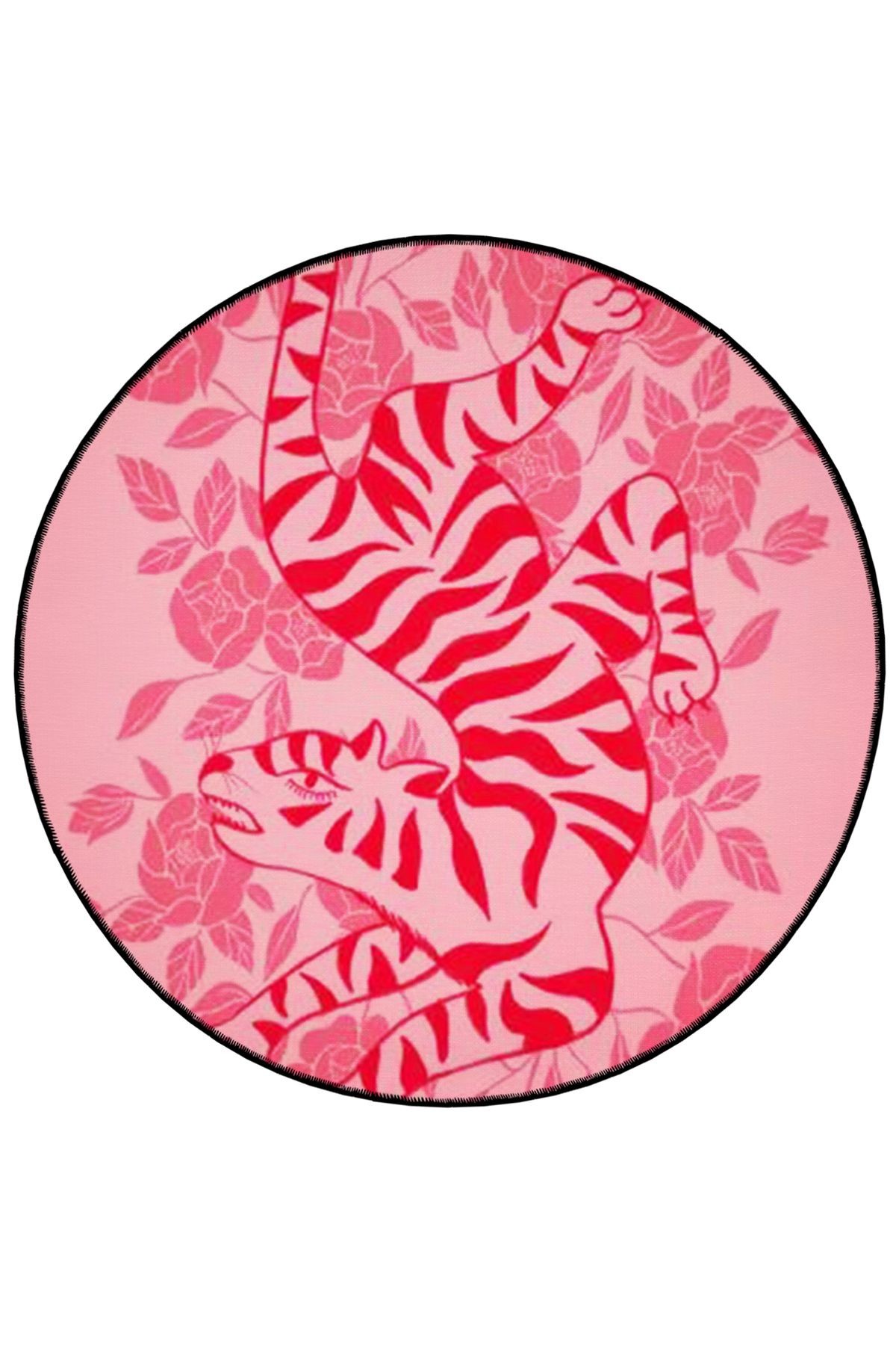 Pembe Tema Kaplan Desenli Yuvarlak Dokuma Taban Modern Dekoratif Halı 6112