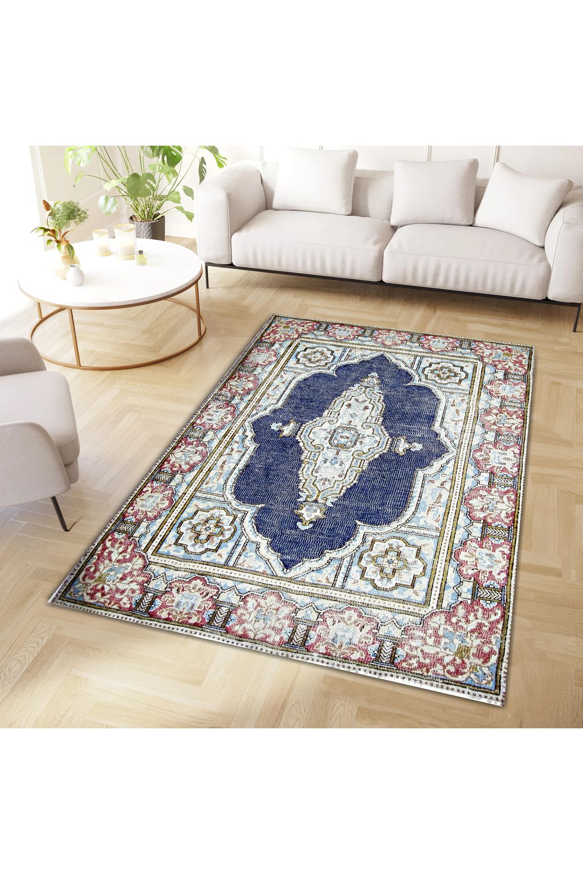 Asena Koleksiyonu Lacivert ve Krem Temalı Geleneksel Desenli Vintage Dekoratif Halı 04