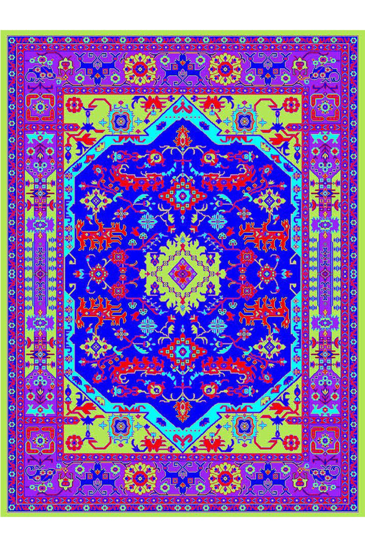 Aynur Koleksiyonu Mor Temalı Yeşil Mavi Desenli Dokuma Taban Dekoratif Halı aynur53