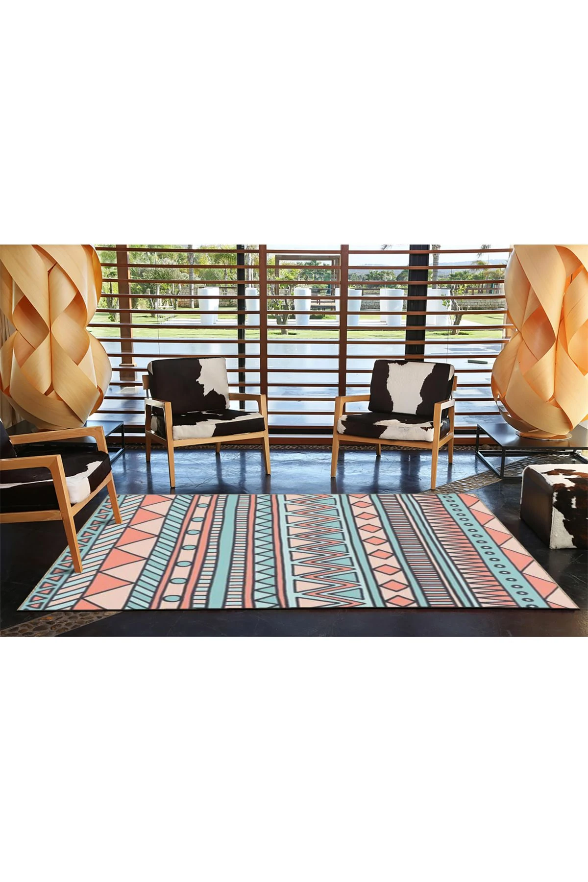 Bej Açık Mavi Temalı Karma Geometrik Desenli Modern Dekoratif Halı 4671