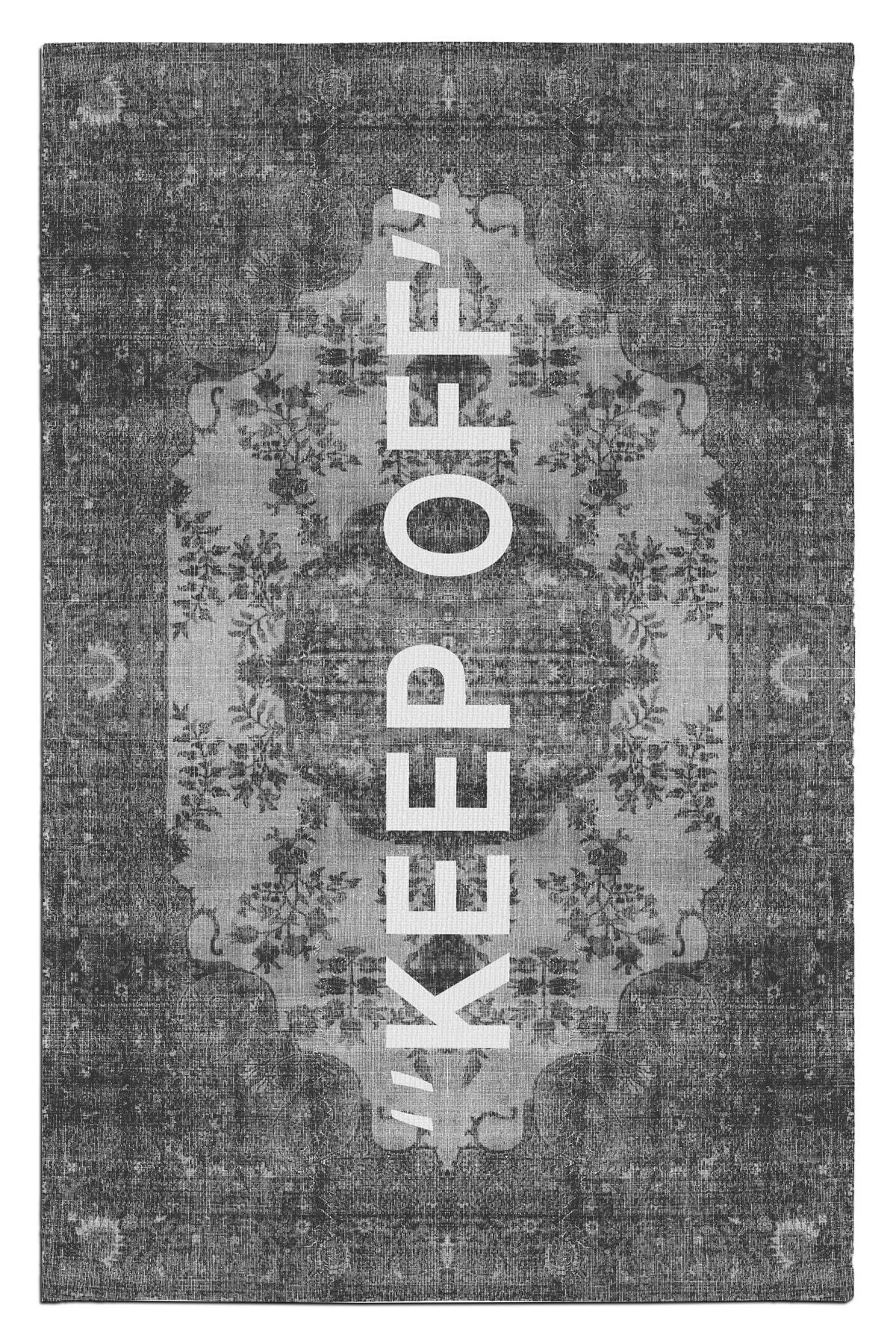 Mira Keep Off Yazılı Vintage Siyah Gri 2120 Dokuma Taban Halı