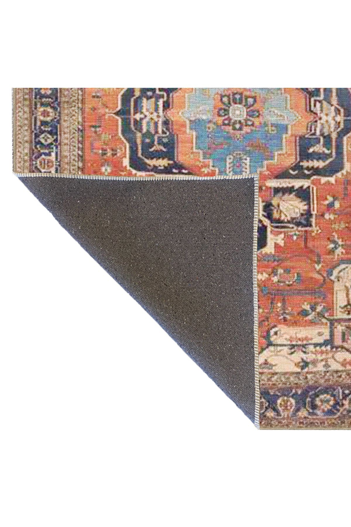 Turuncu Lacivert Temalı Geleneksel Motif Desenli Vintage Dekoratif Halı 3831