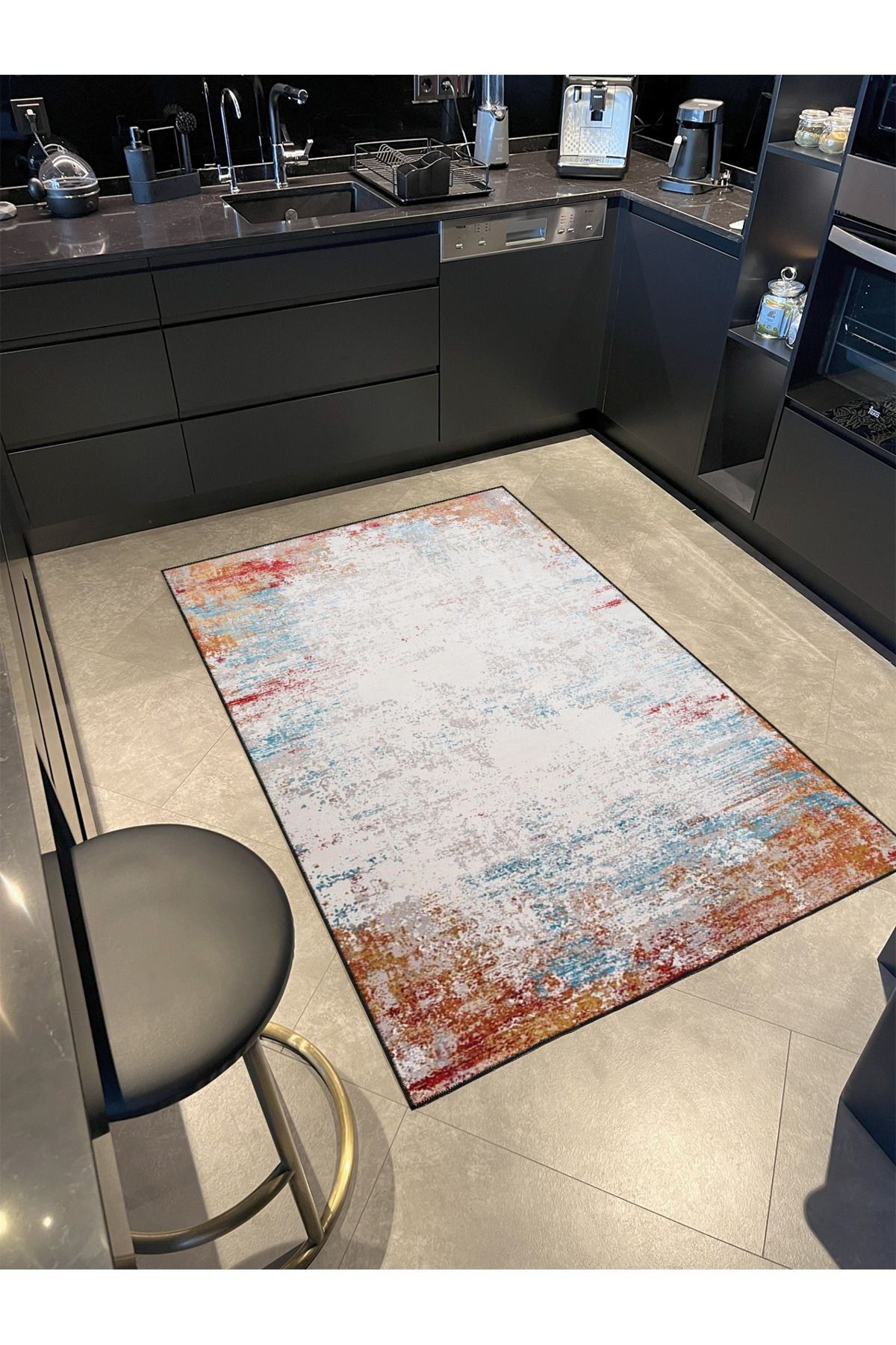 Turuncu Beyaz İşlemeli Pastelli Desenli Dokuma Taban Yıkanabilir Halı miravip9177