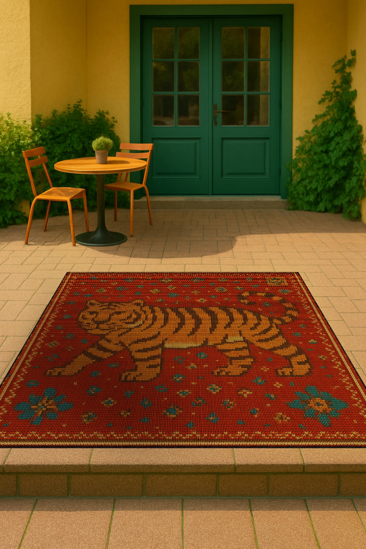 MOSSO Kırmızı Temalı Motifli ve Kaplan Desenli Dokuma Taban Modern Dekoratif Halı mosso358