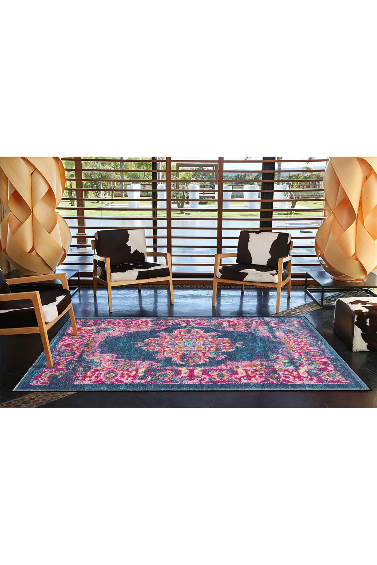 Mavi Çiçekli Gelenksel Desenli Dokuma Taban miravip635