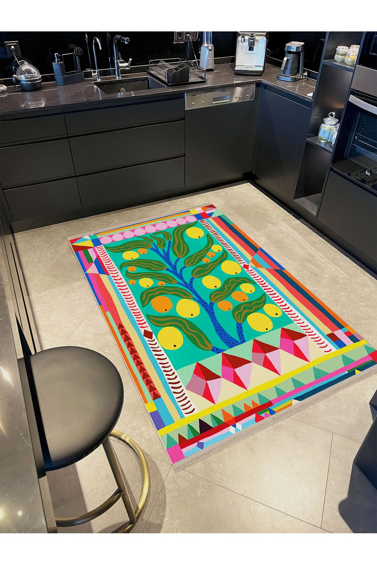 Kemal Koleksiyonu Pastel Renklerde Soyut Limon Ağacı Desenli Dokuma Taban Modern Dekoratif Halı 17