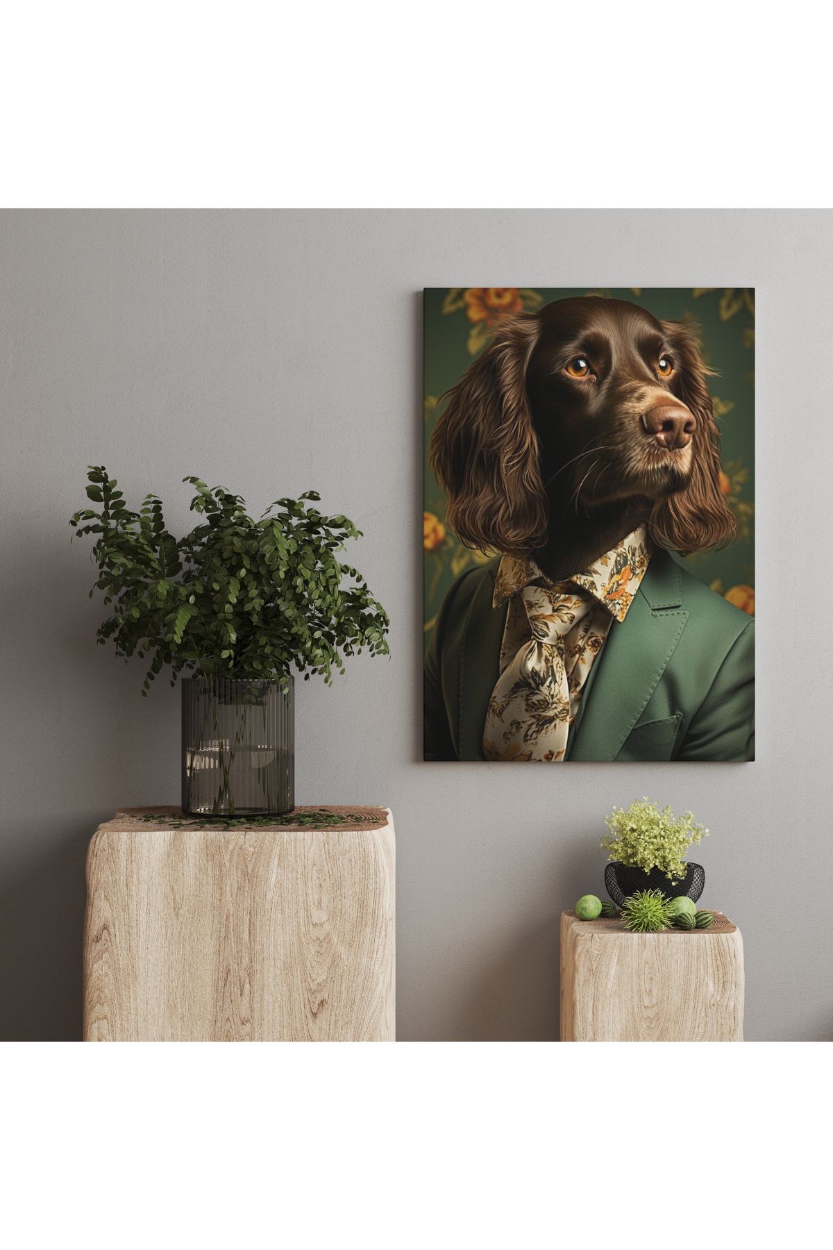 Kanvas Tablo Yeşil Ceketli Kahverengi Köpek Desenli tablo5001