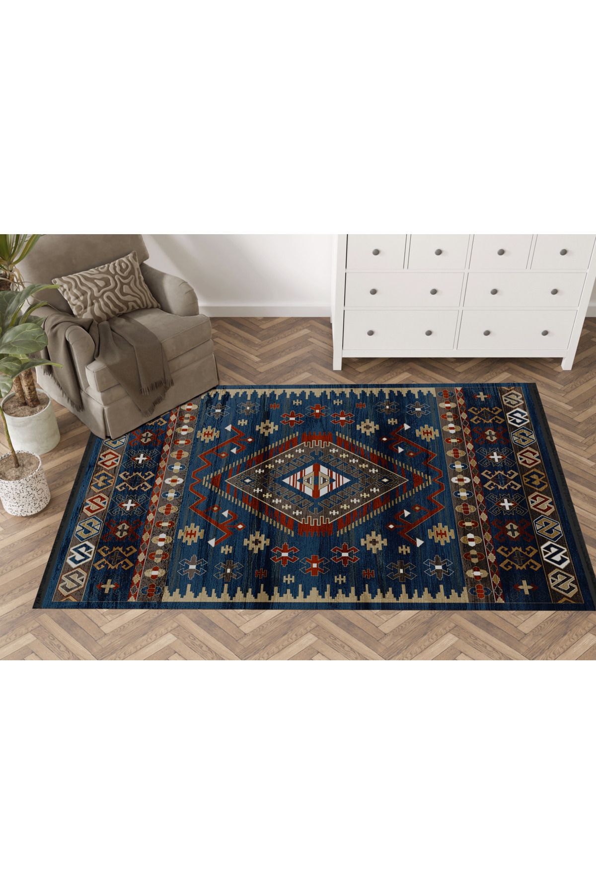 Mira Lacivert Temalı Geleneksel Motif Etnik Desenli Vintage Dekoratif Halı Mira 1584