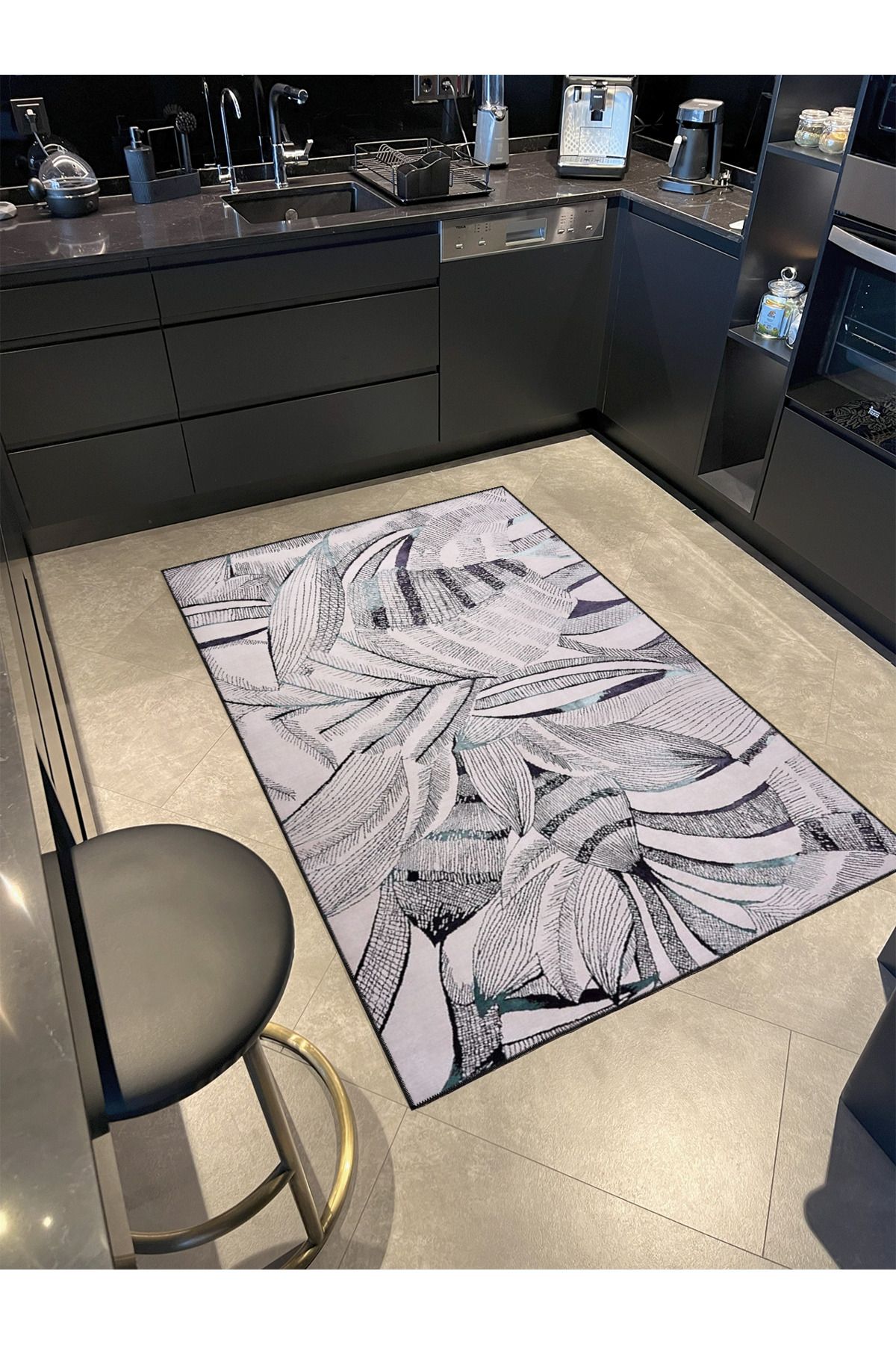 Modern Gri Yapraklı Desenli Dekoratif Dokuma Taban Halı miravip519