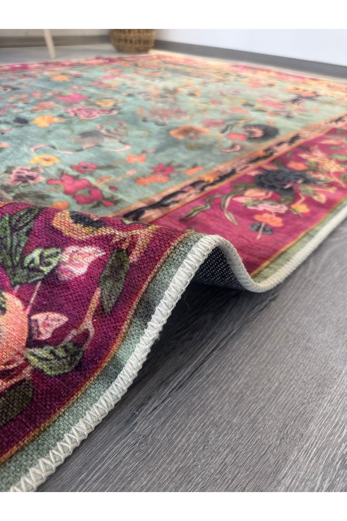 Mavi Pembe Temalı Floral Çiçek Desenli Vintage Dekoratif Halı 4844