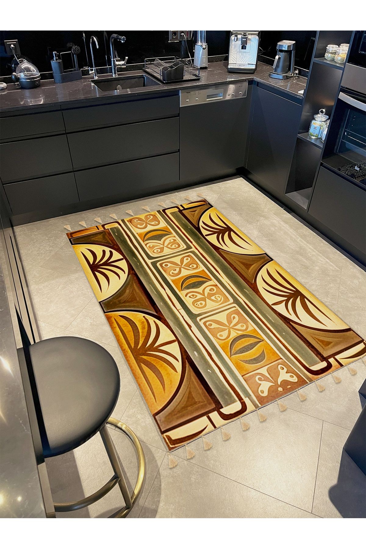 Royal Renkli Karma Soyut Şekiller Desenli Püskül Detaylı Dokuma Taban Modern Dekoratif Halı royal15