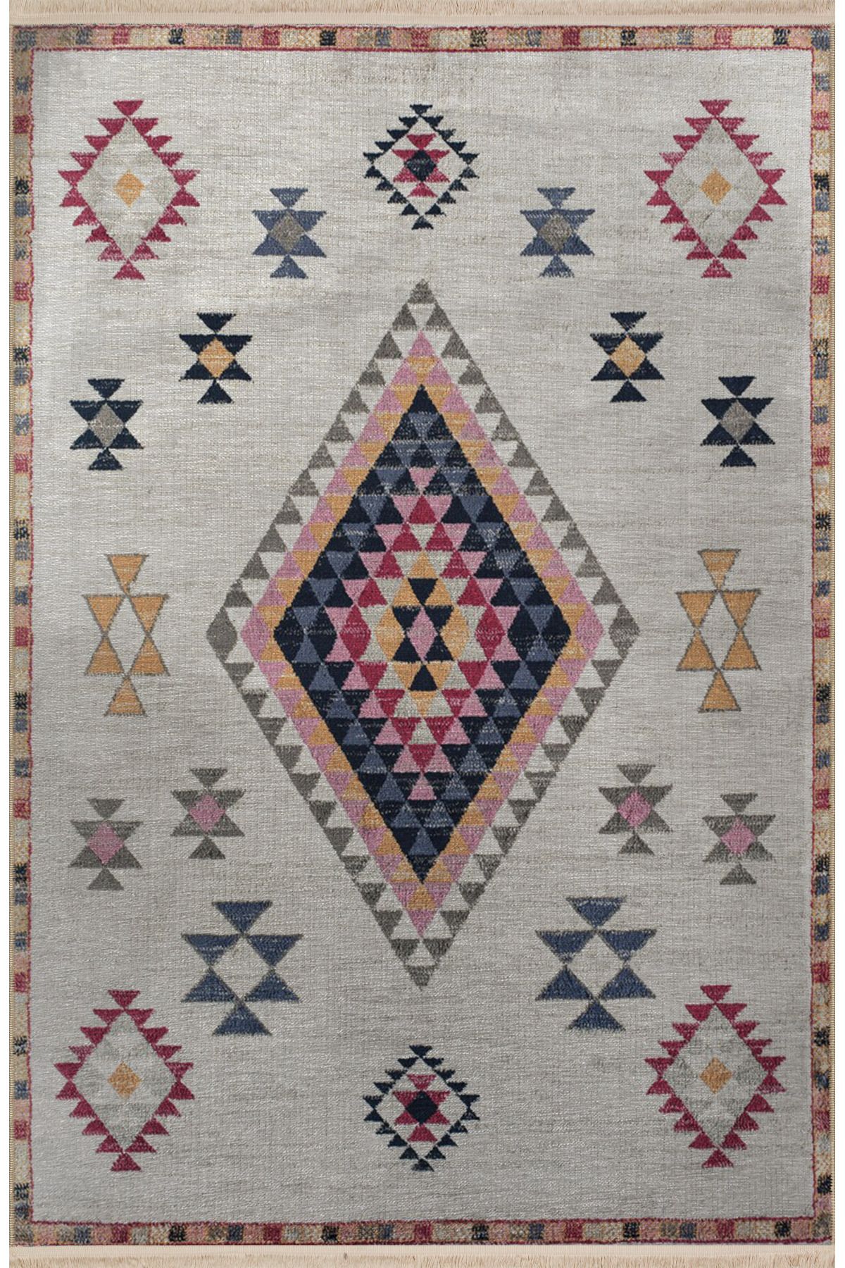 Bej Temalı Çok Renkli Geleneksel Motif Desenli Saçaklı Vintage Dekoratif Halı 3085