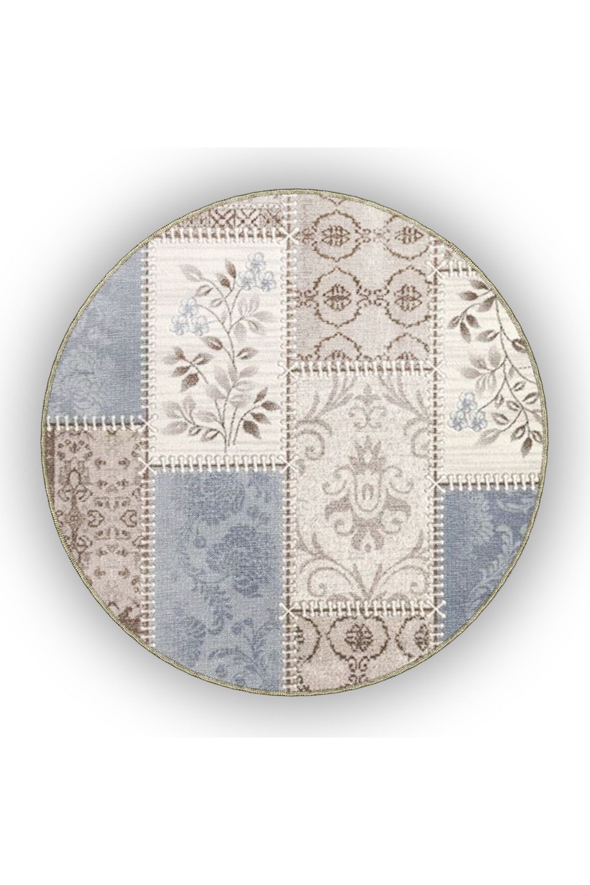 Floral Temalı Mavi Bej Ton Motifli Çiçek Desenli Vintage Dekoratif Halı 4838