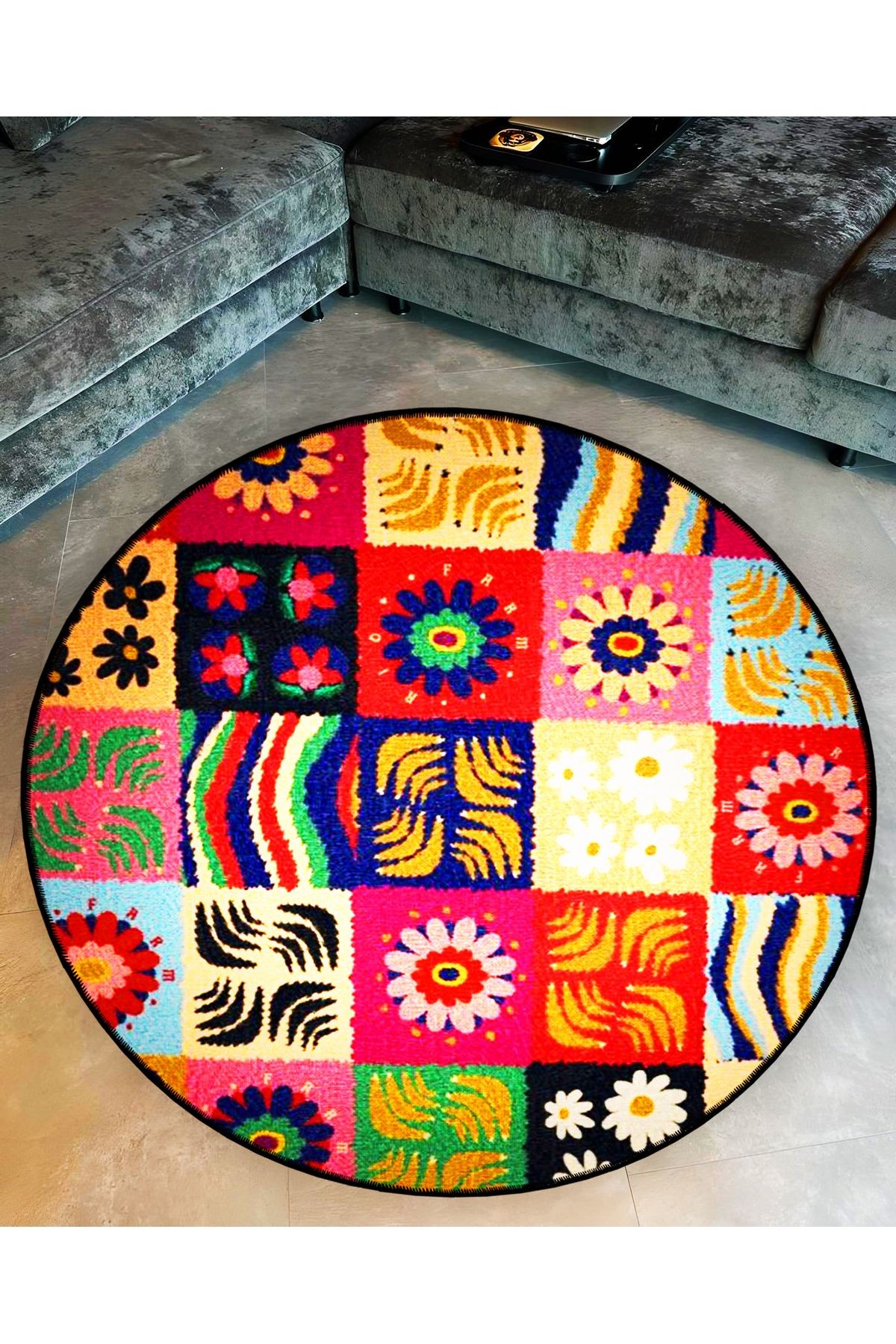 Mira Yuvarlak Çok Renkli Patchwork Desenli Dokuma Taban Dekoratif Halı 5727