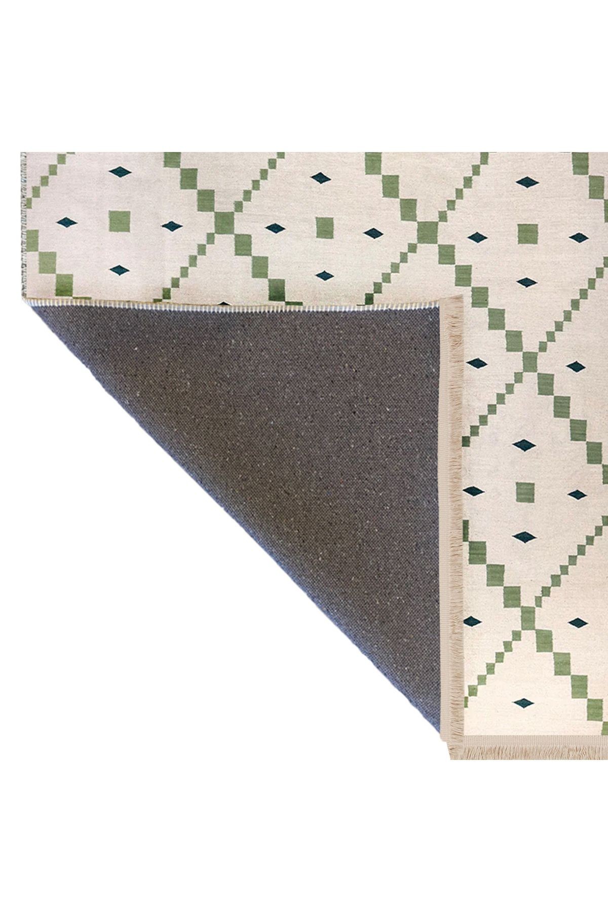 Emre Koleksiyonu Yeşil Bej Tonlar Geometrik Detay Desenli Dokuma Taban Modern Dekoratif Halı 11