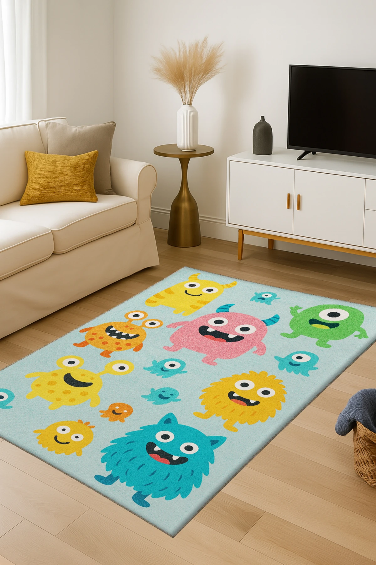 MOSSO Çok Renkli Çizgi Karakter Figürleri Desenli Dokuma Taban Modern Dekoratif Halı mosso313