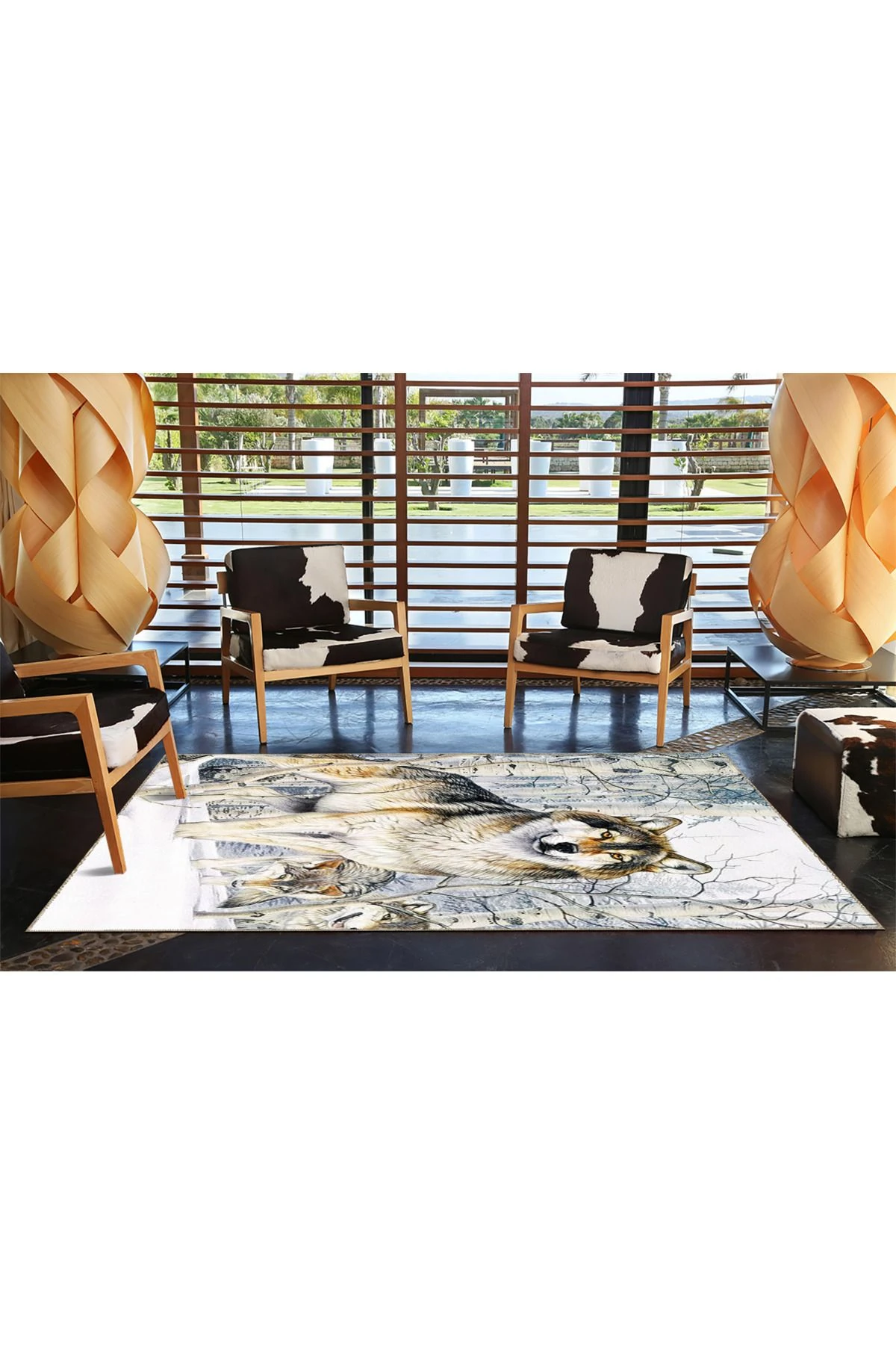 Beyaz Tonlarında Hayvan Kurt Desenli Dekoratif Halı miravip399