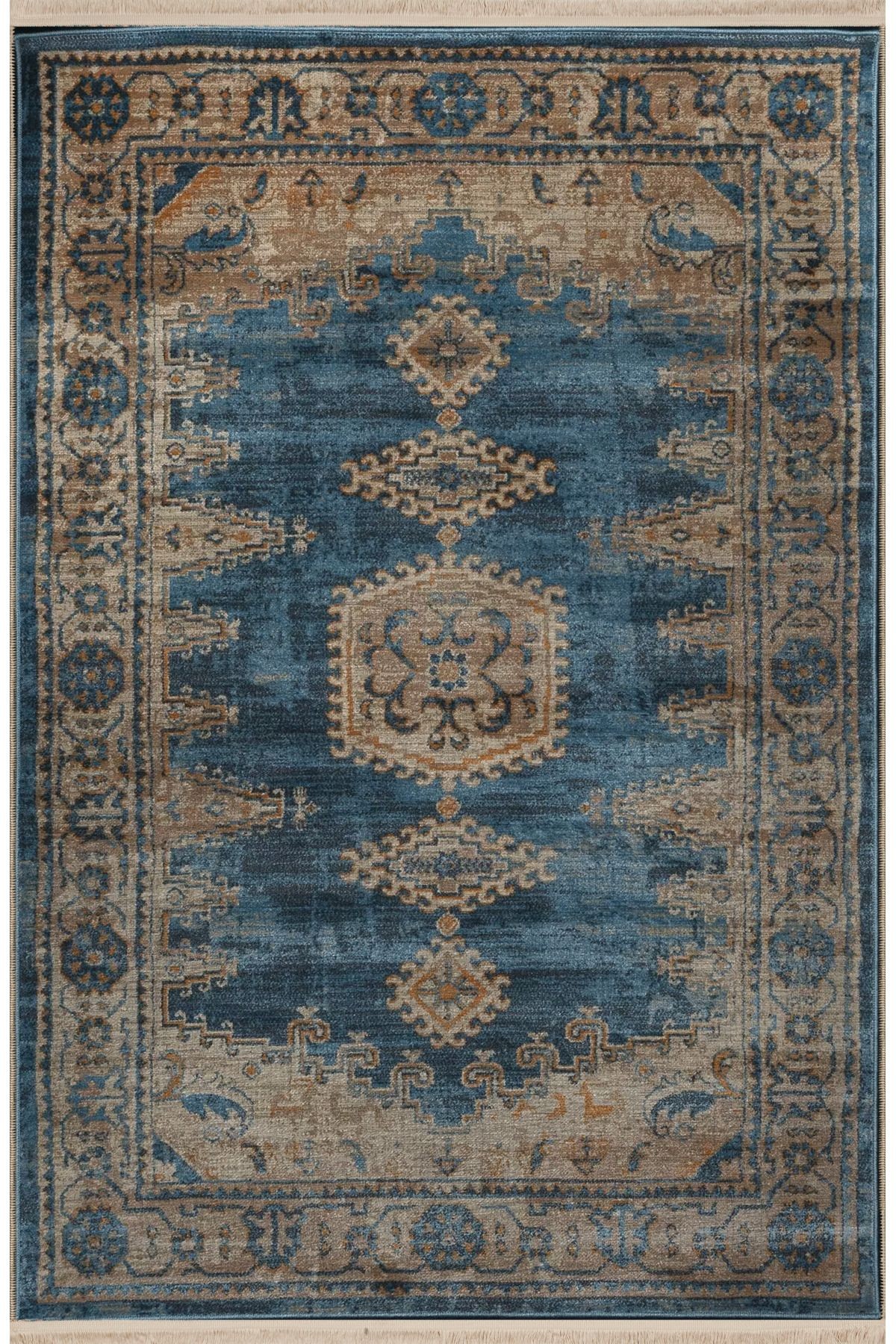 Mavi Sarı Temalı Geleneksel Motif Desenli Kreatif Vintage Dekoratif Halı 2844