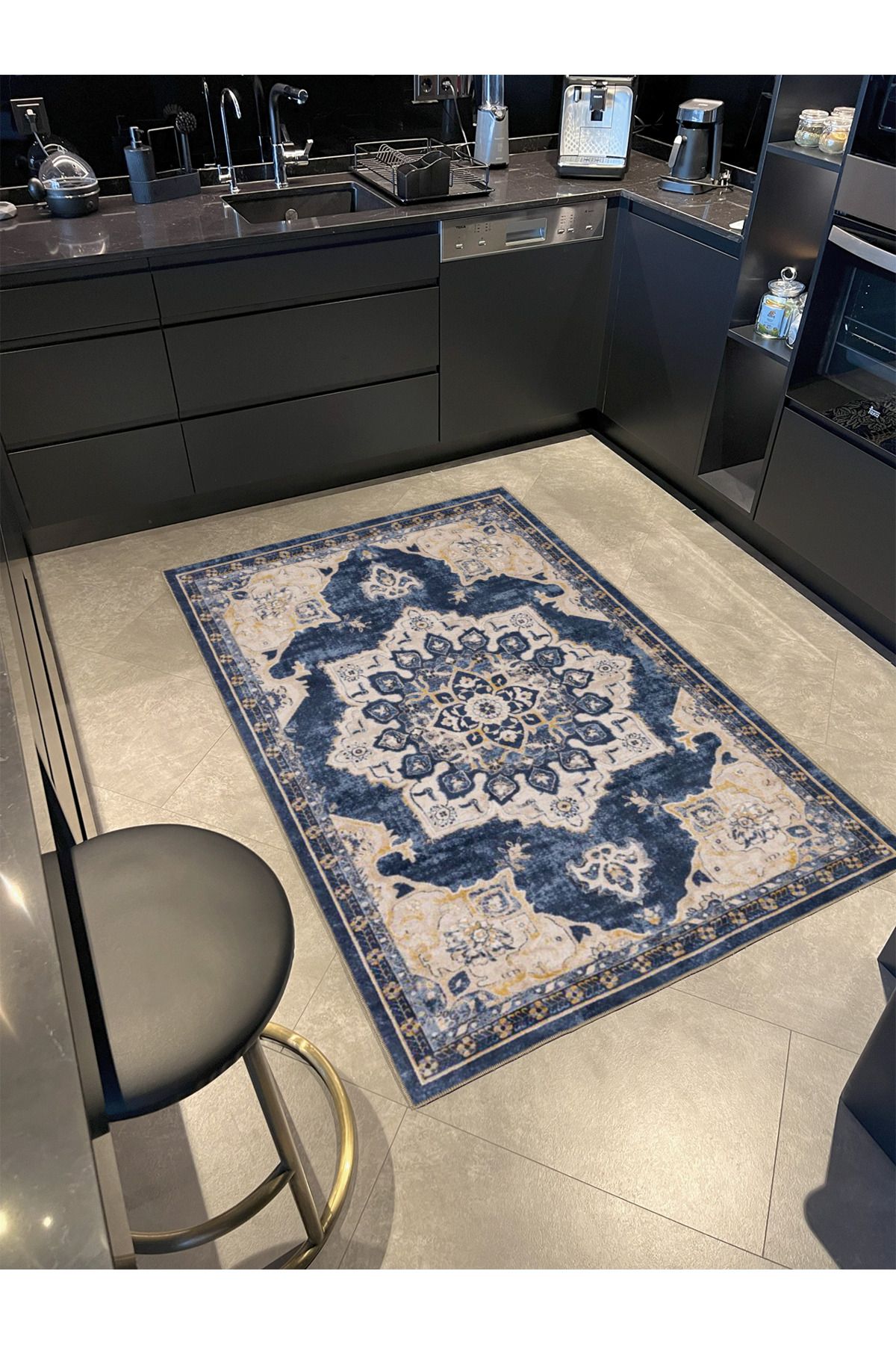 Mavi Krem Geleneksel Baklavalı Çiçekli Dokuma Taban Yıkanabilir Halı miravip8924