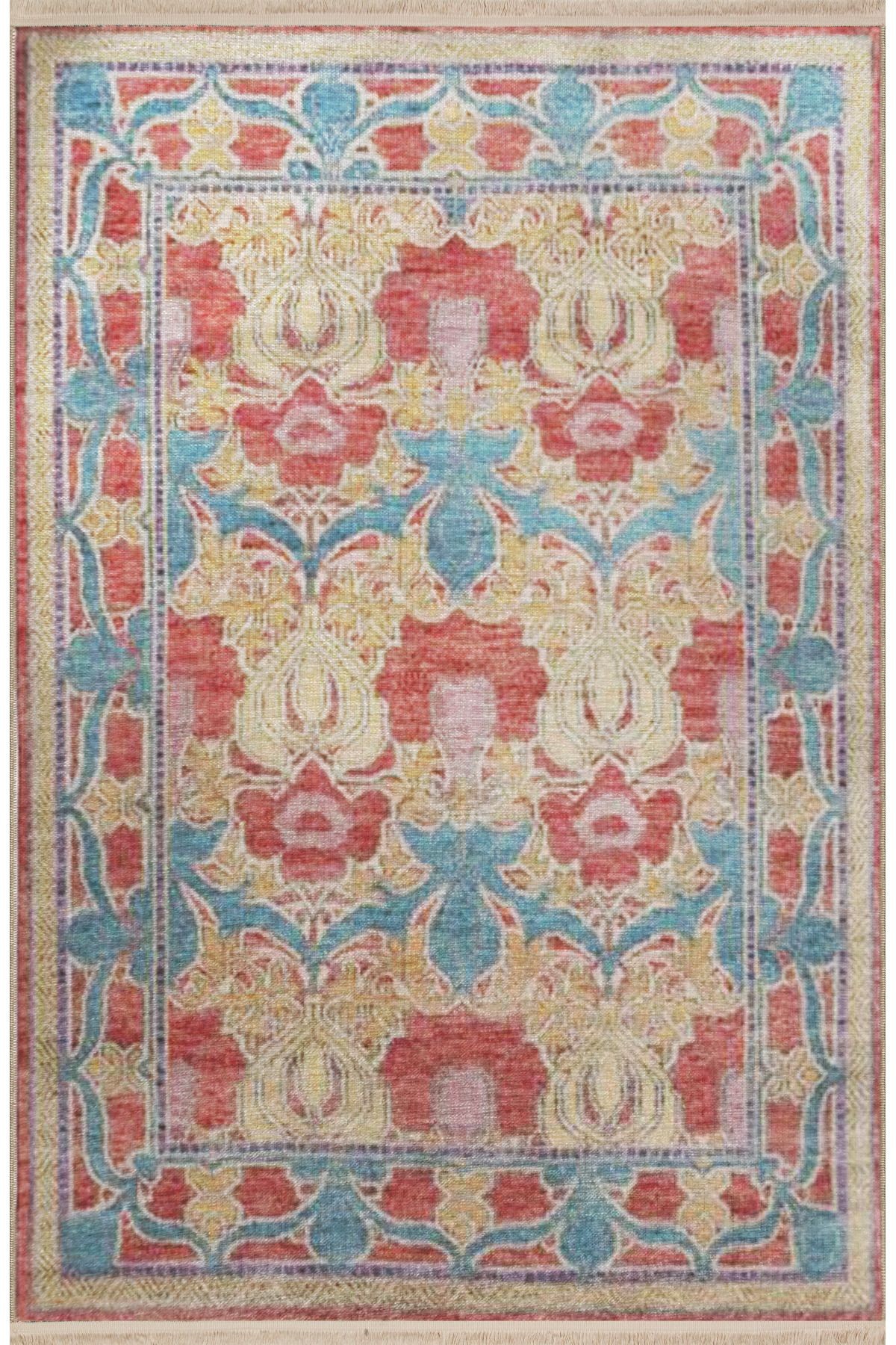 Bej Mavi Temalı Motifli Etnik Çiçek Desenli Saçaklı Vintage Dekoratif Halı 3183