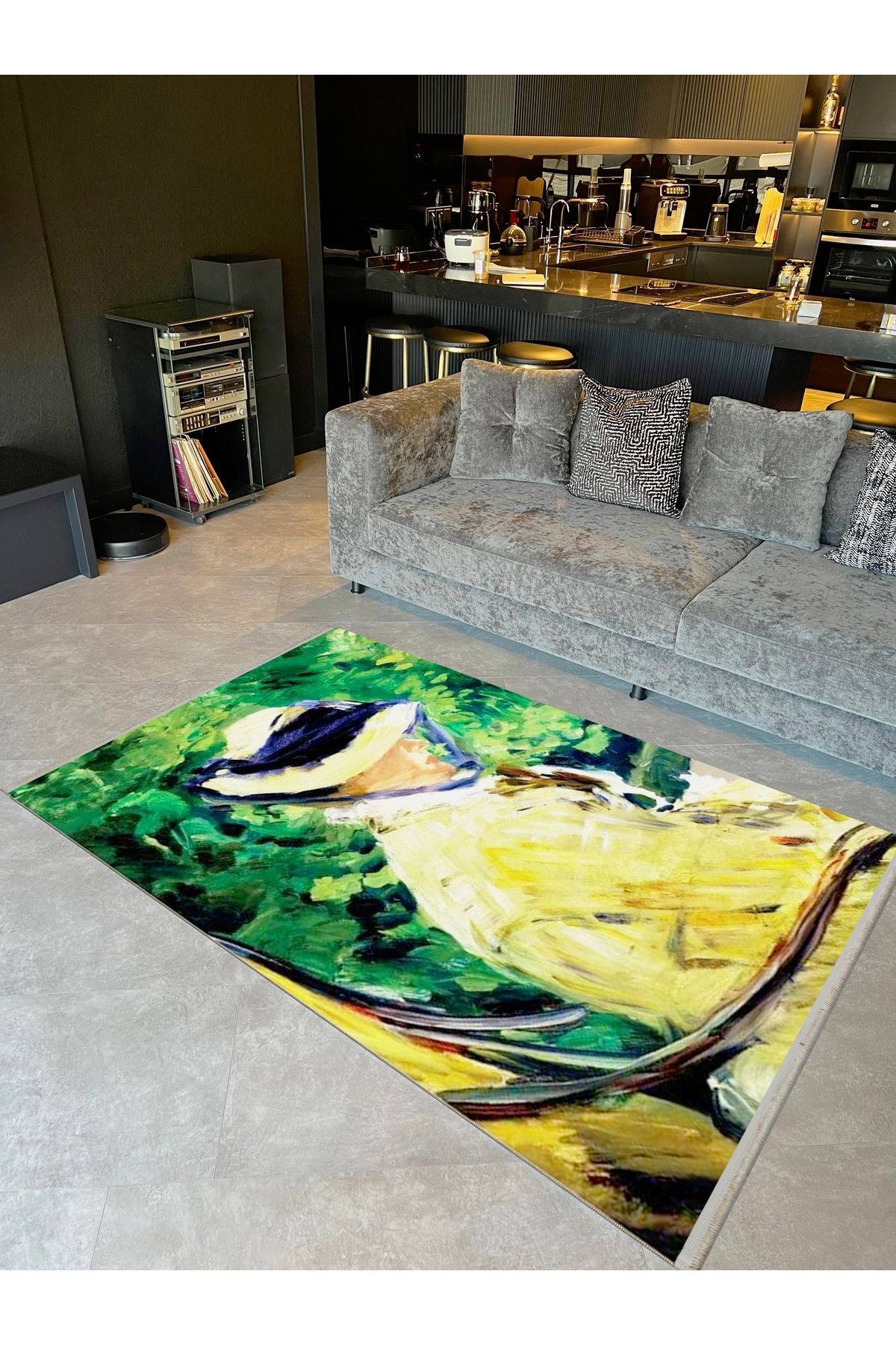 Yılmaz Koleksiyonu Pastel Tonlarda Fötr Şapkalı Kadın Figürü Desenli Modern Dekoratif Halı 41