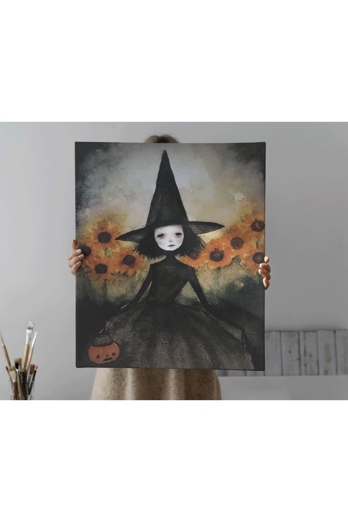 Kanvas Tablo Halloween Küçük Cadı Kız Eskitme
