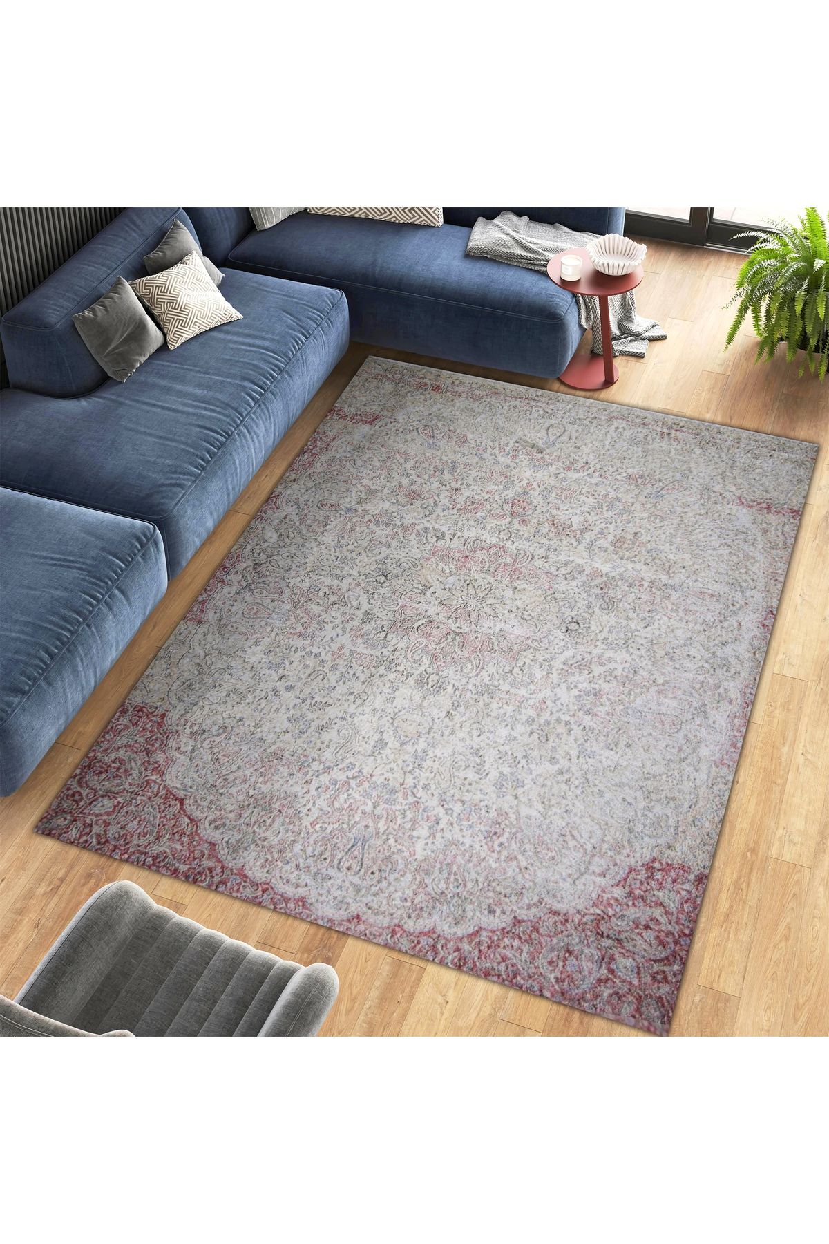 Mete Koleksiyonu Bej ve Kırmızı Temalı Geleneksel Motif ve Çiçek Desenli Vintage Dekoratif Halı 40