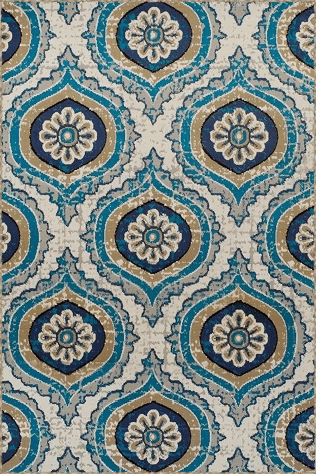Bej Mavi Temalı Suzani Motifli Etnik Desenli Vintage Dekoratif Halı 4726